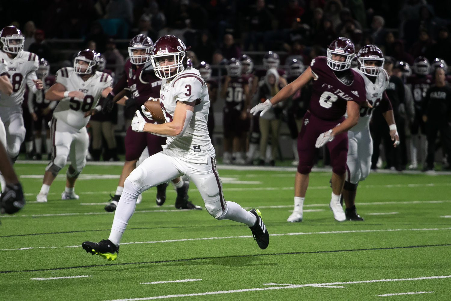 Seth Salverino runs upfield after making a catch during Friday's Class 6A-Division I area round game between Cinco Ranch and Cy-Fair at Pridgeon Stadium.