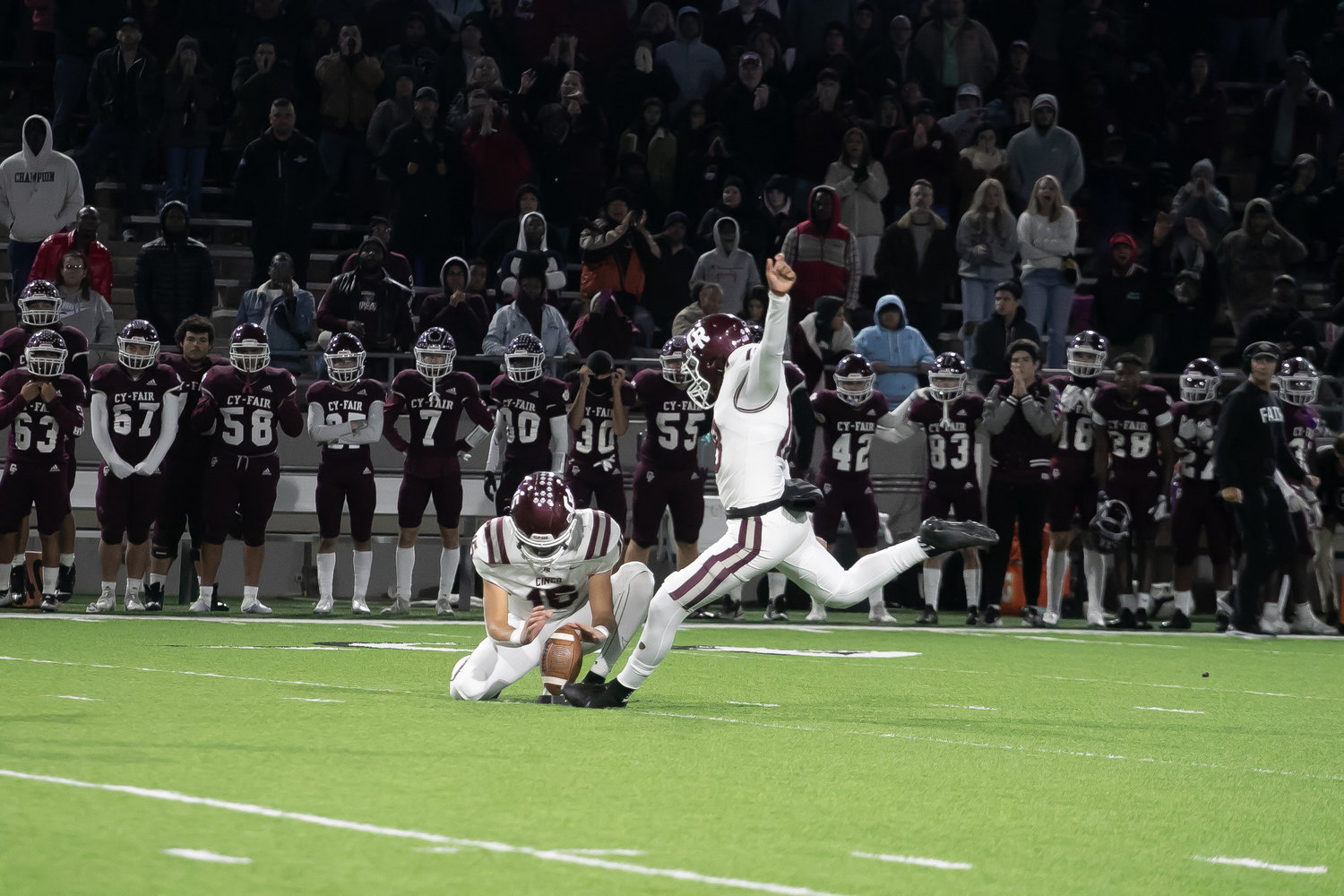 Santiago Taborda kicks a game winning field goal during Friday's Class 6A-Division I area round game between Cinco Ranch and Cy-Fair at Pridgeon Stadium.