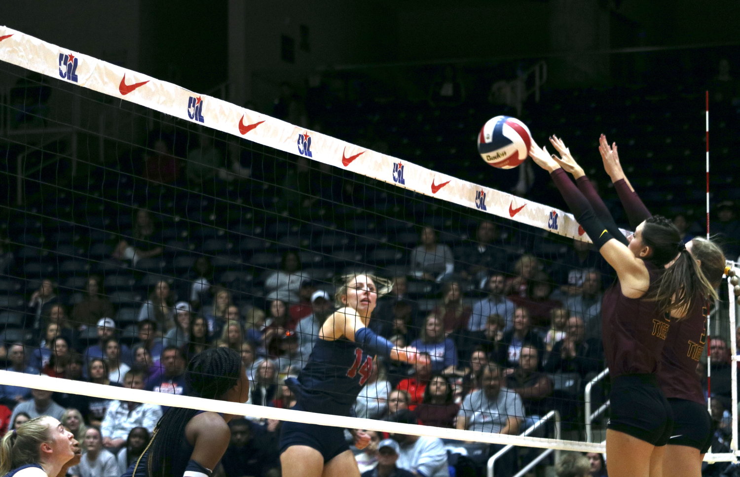 Skylar Skrabanek attempts a kill during Saturday's state final between Tompkins and Dripping Springs at the Curtis Culwell Center in Garland.