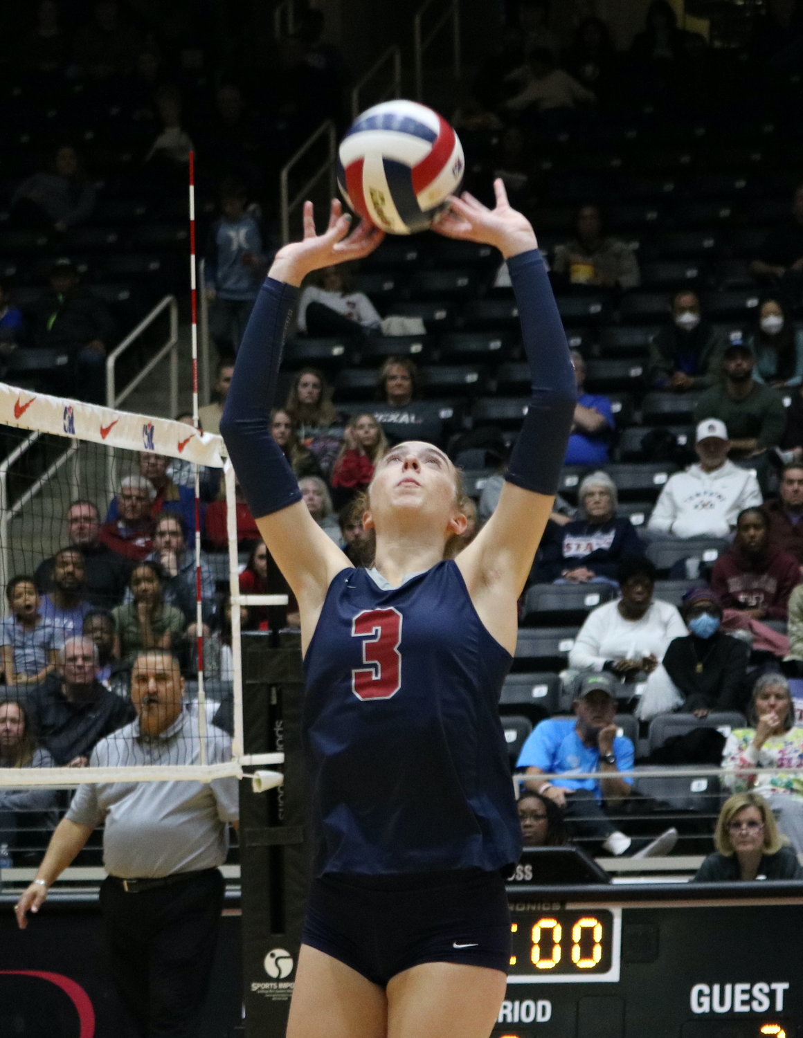 Presley Powell sets a ball during Saturday's state final between Tompkins and Dripping Springs at the Curtis Culwell Center in Garland.
