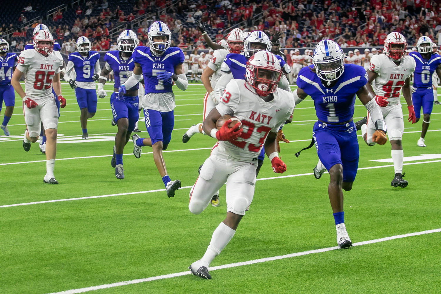 Seth Davis runs in a touchdown during Friday's Class 6A-Division II Region III Final between Katy and C.E. King at NRG Stadium.