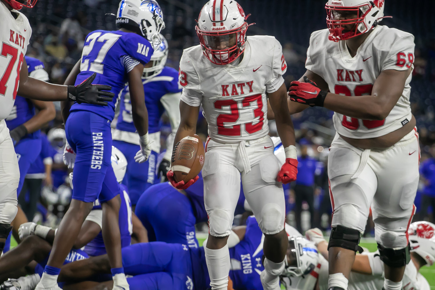 Seth Davis scores a touchdown during a Class 6A-Division II Region III Final between Katy and C.E. King at NRG Stadium.
