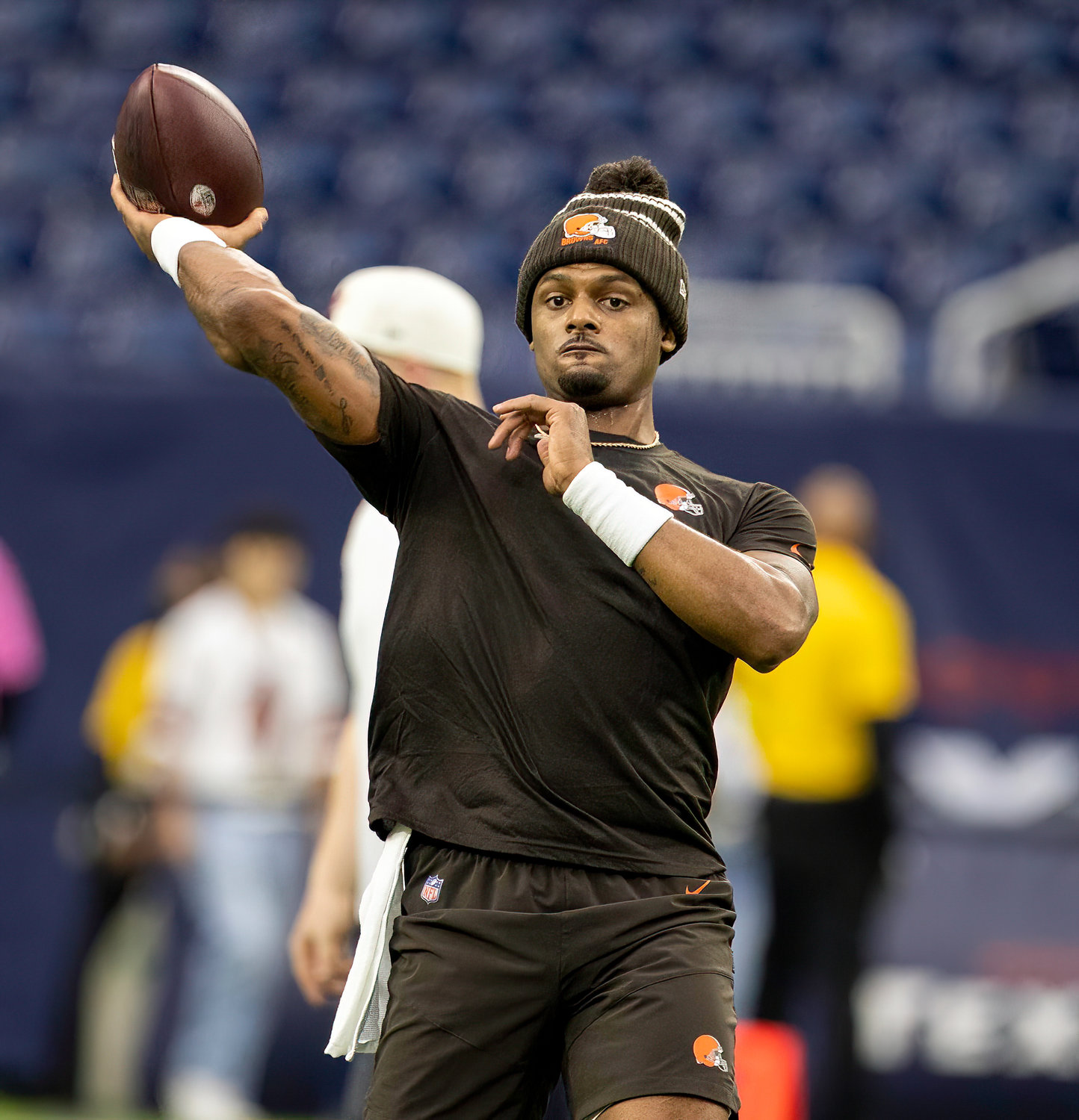 Former Houston Texans and current Cleveland Browns quarterback Deshaun Watson warms up before an NFL game on Dec. 4, 2022, in Houston. The game marks the controversial quarterback’s return to Houston and first game back after an 11-game suspension for allegations of sexual misconduct during his tenure with the Texans.