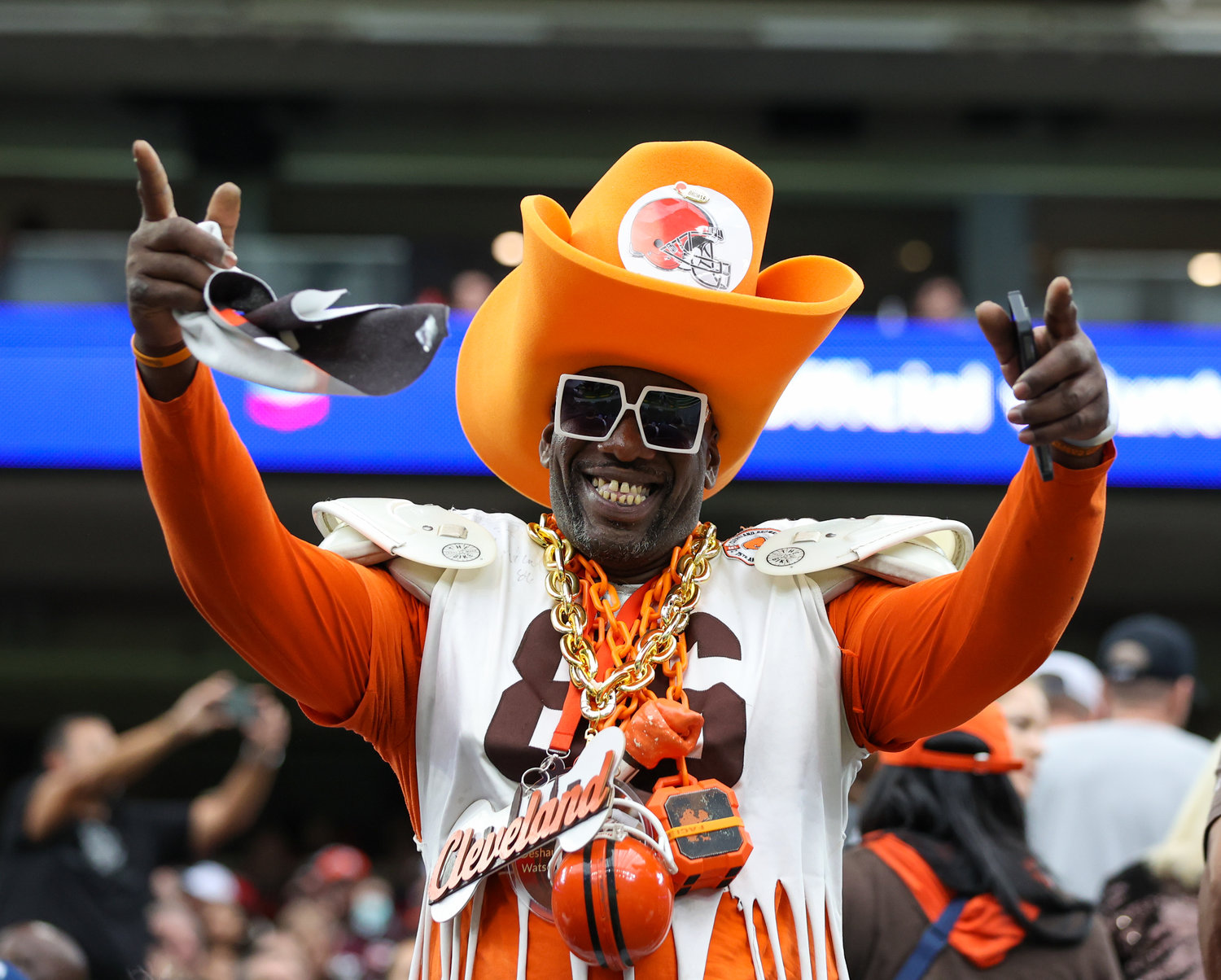 A Cleveland Browns fan during an NFL game between the Houston Texans and the Cleveland Browns on Dec. 4, 2022, in Houston. The Browns won, 27-14.
