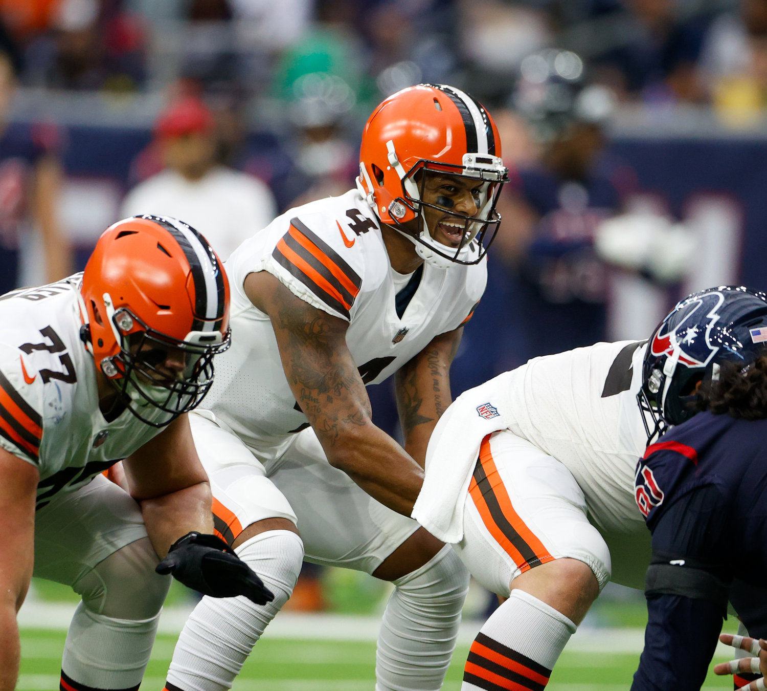 Cleveland Browns quarterback Deshaun Watson (4) prepares for a snap during an NFL game between the Houston Texans and the Cleveland Browns on Dec. 4, 2022, in Houston. The Browns won, 27-14.