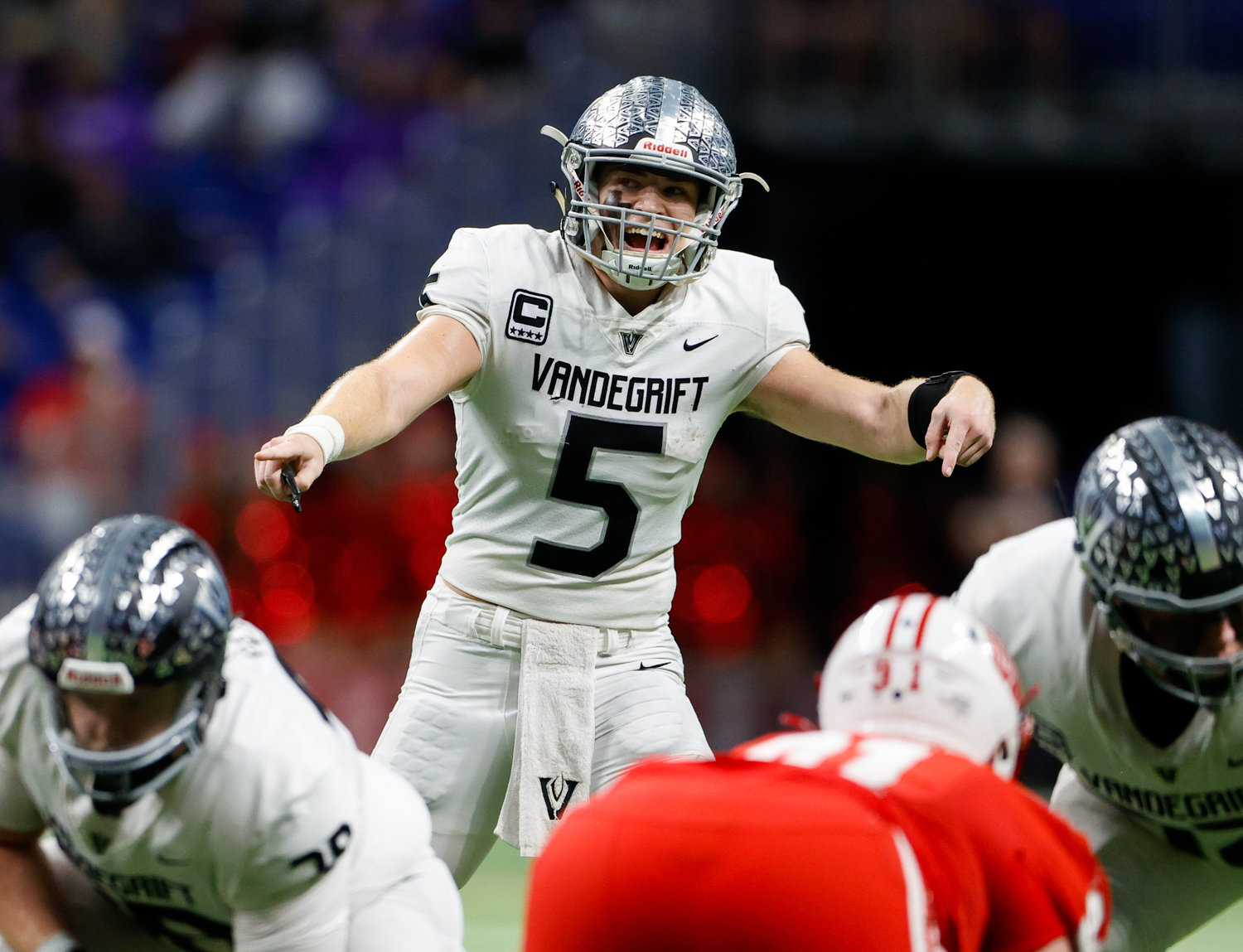 Vandegrift Vipers senior quarterback Brayden Buchanan (5) at the line of scrimmage during the Class 6A-DII state semifinal football game between Katy and Vandegrift on Dec. 10, 2022 in San Antonio.