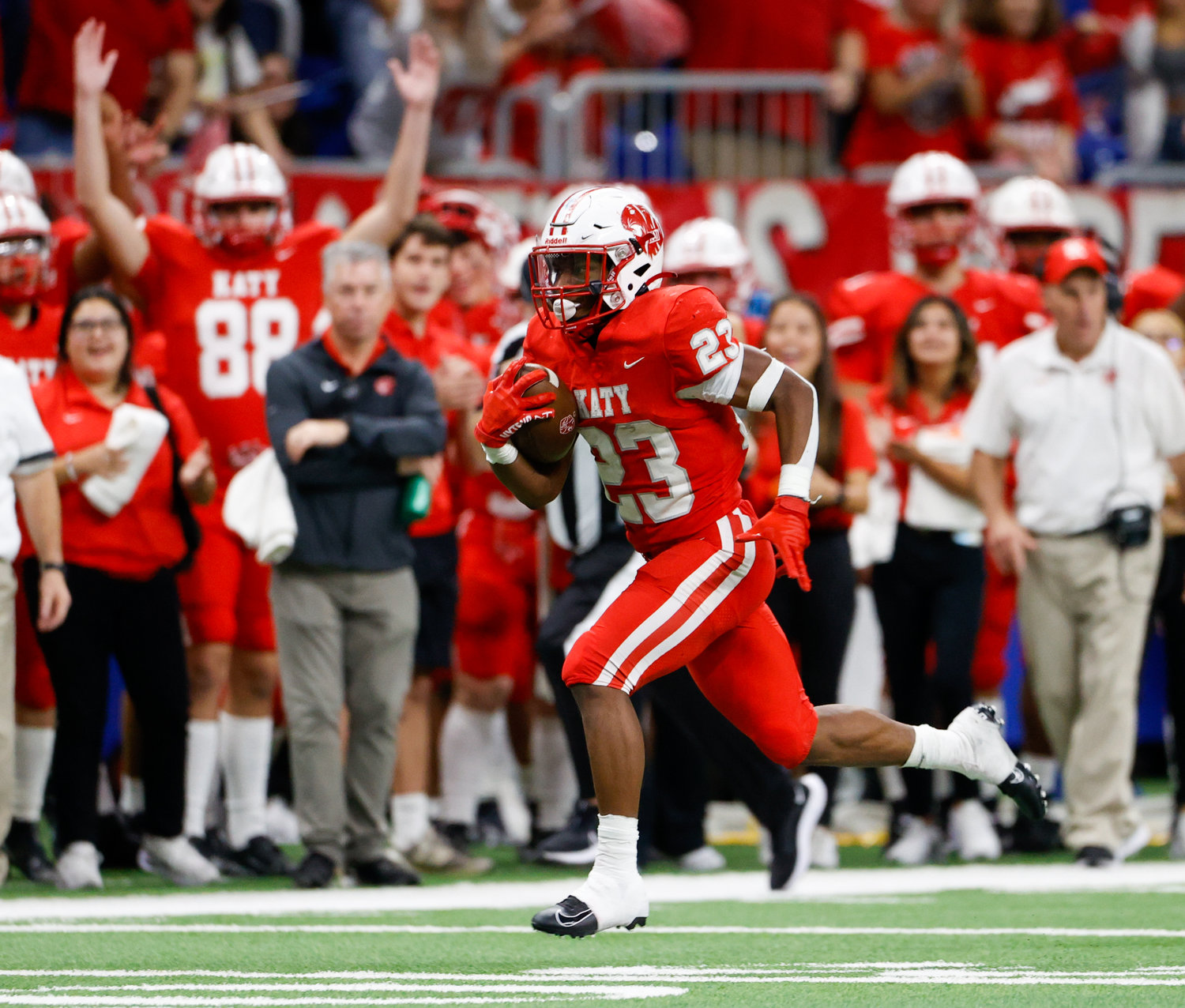 Katy running back Seth Davis (23) scores on a 49-yard touchdown run during the Class 6A-DII state semifinal football game between Katy and Vandegrift on Dec. 10, 2022 in San Antonio.