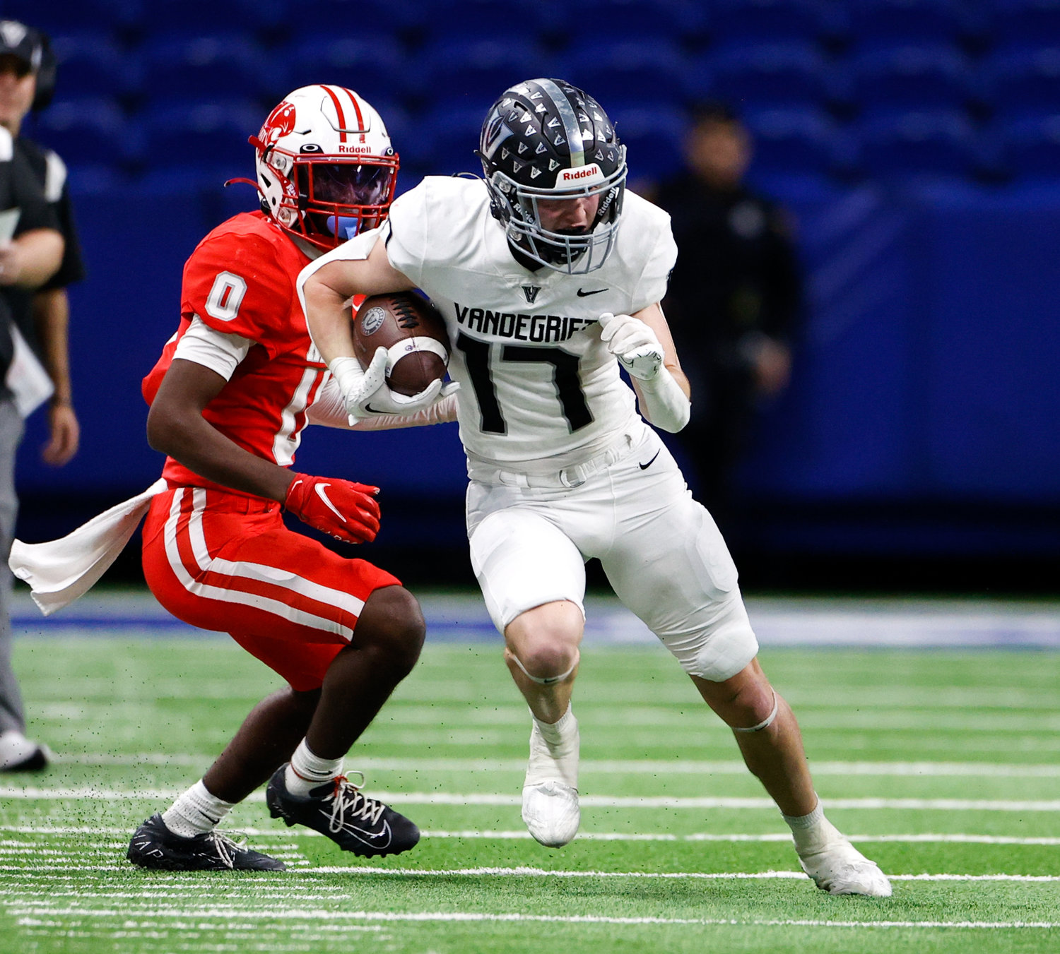 Vandegrift Vipers senior wide receiver Beck Ormond (17) carries the ball after a catch during the Class 6A-DII state semifinal football game between Katy and Vandegrift on Dec. 10, 2022 in San Antonio.