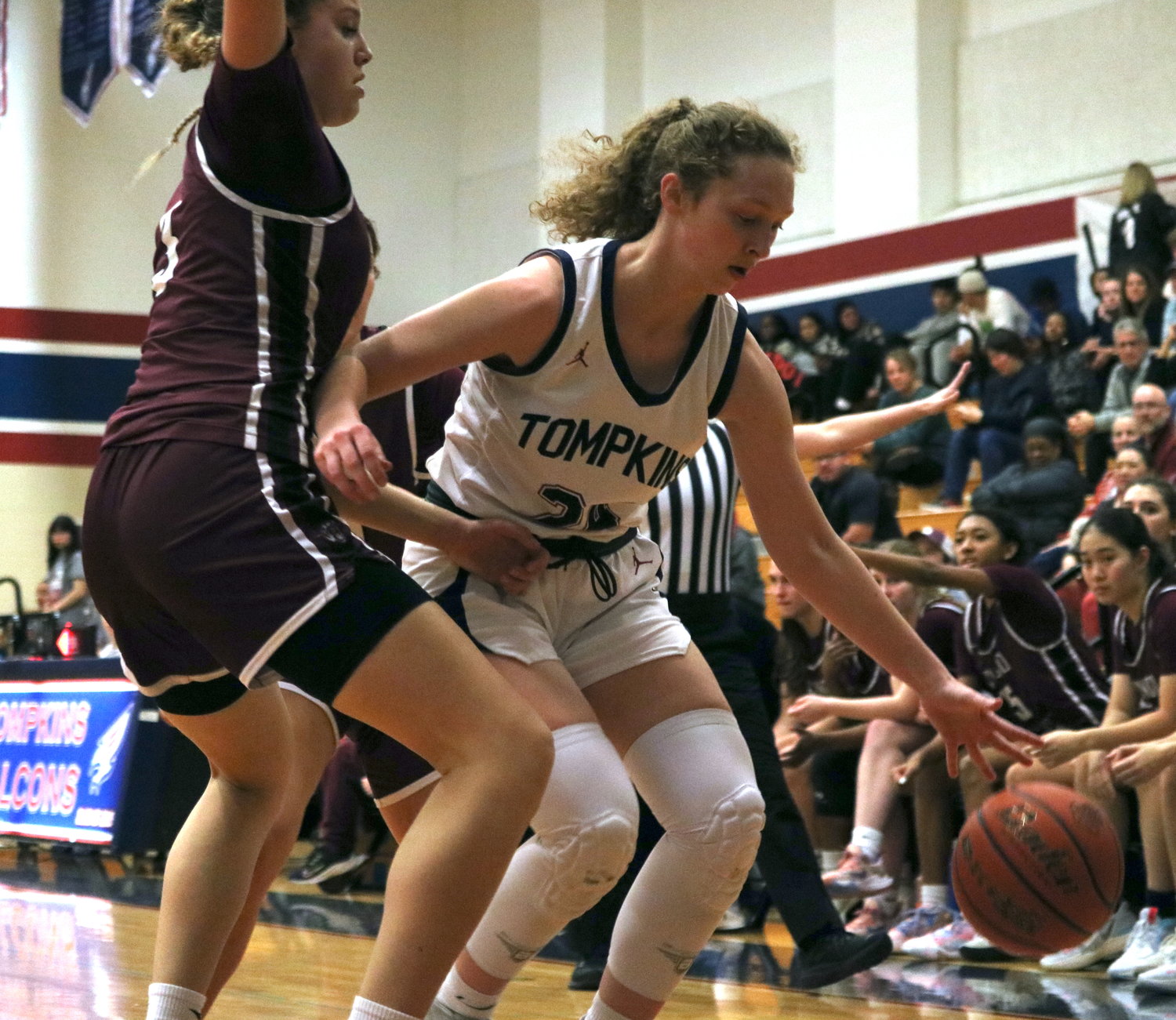 Gabby Panter dribbles towards the sideline during Friday’s game between Tompkins and Cinco Ranch at the Tompkins gym.