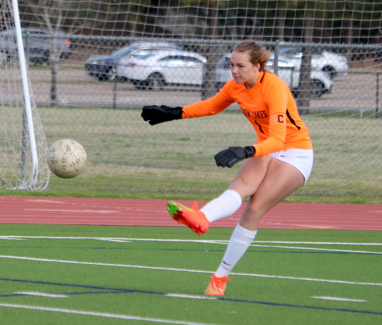 Maddie Rich passes the ball during Saturday's game between Seven Lakes and Cinco Ranch at the Cinco Ranch soccer field.