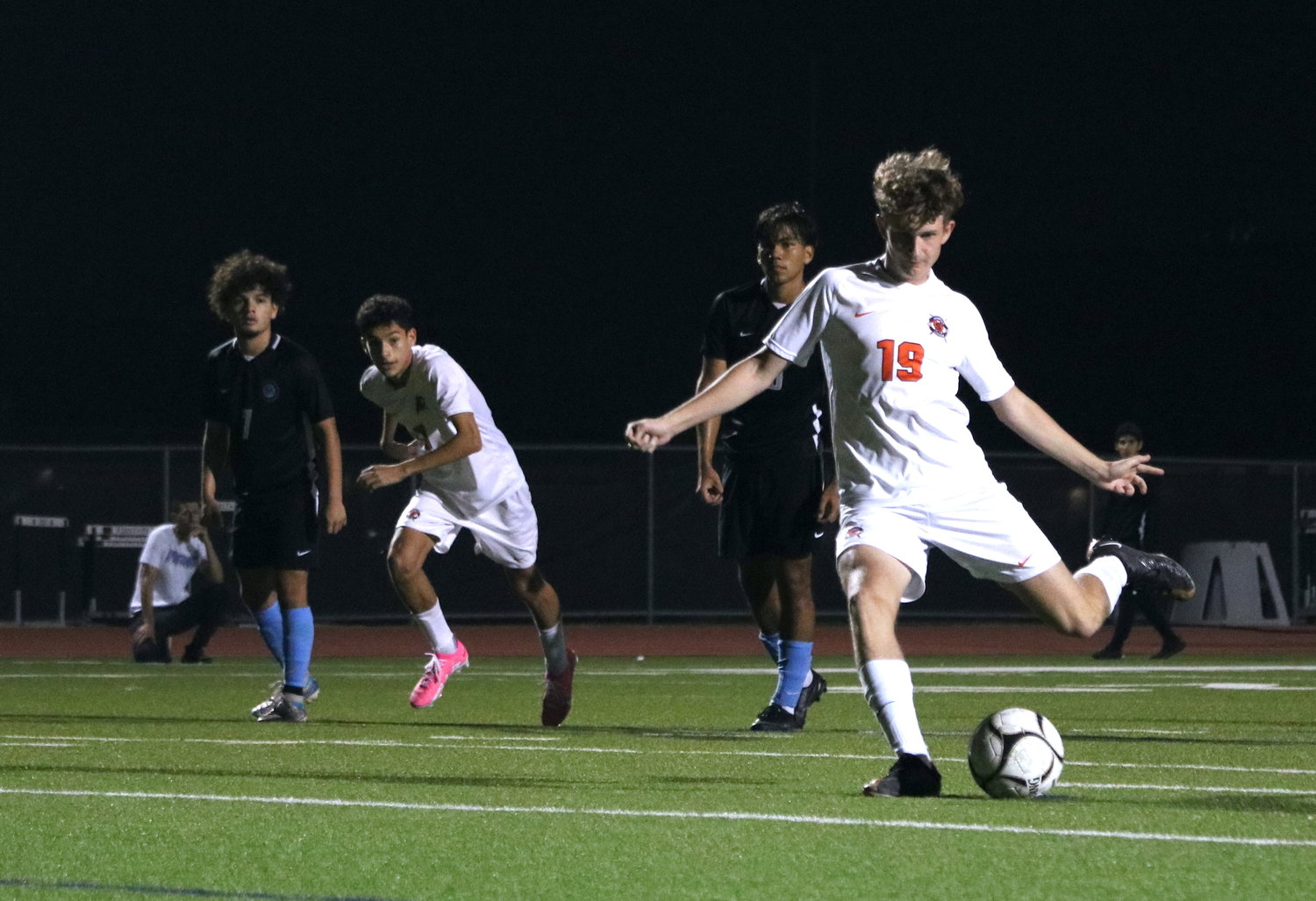 Sebastian Ranz shoots a penalty during Tuesday's District 19-6A game between Seven Lakes and Paetow at the Paetow soccer field.