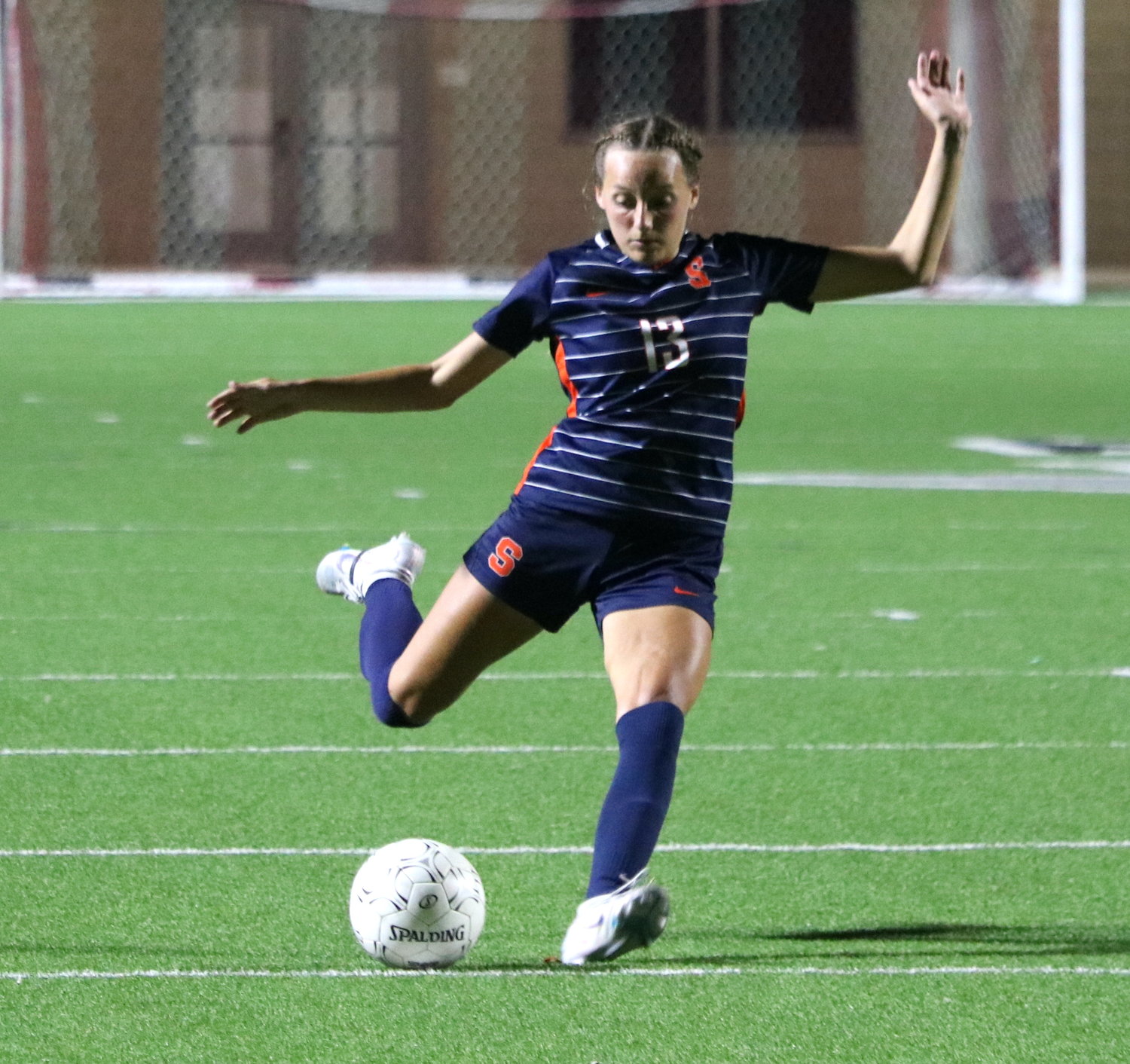 Ally Townsend takes a free kick during Friday's bi-district game between Seven Lakes and George Ranch at Legacy Stadium.