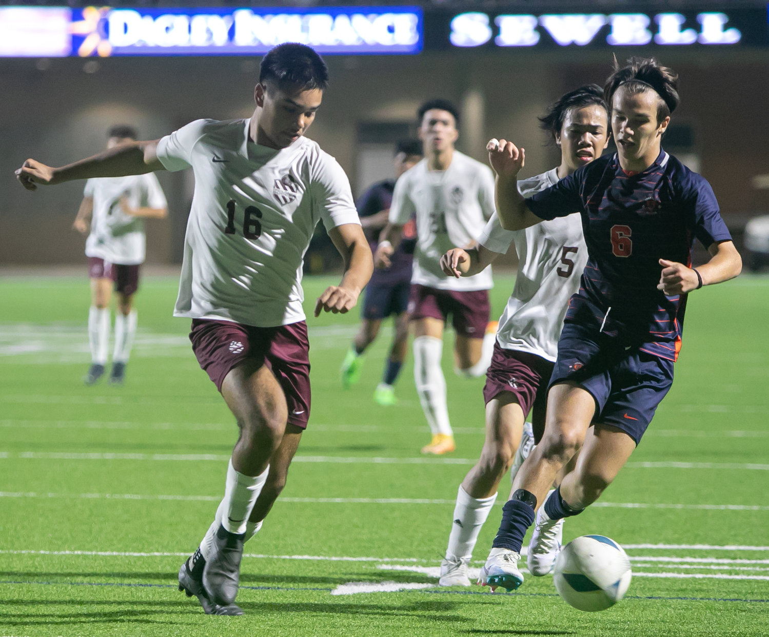 Kortay Koc and Andres Reira go after a ball during Friday's Class 6A Regional Quarterfinal game between Seven Lakes and Cinco Ranch at Legacy Stadium.