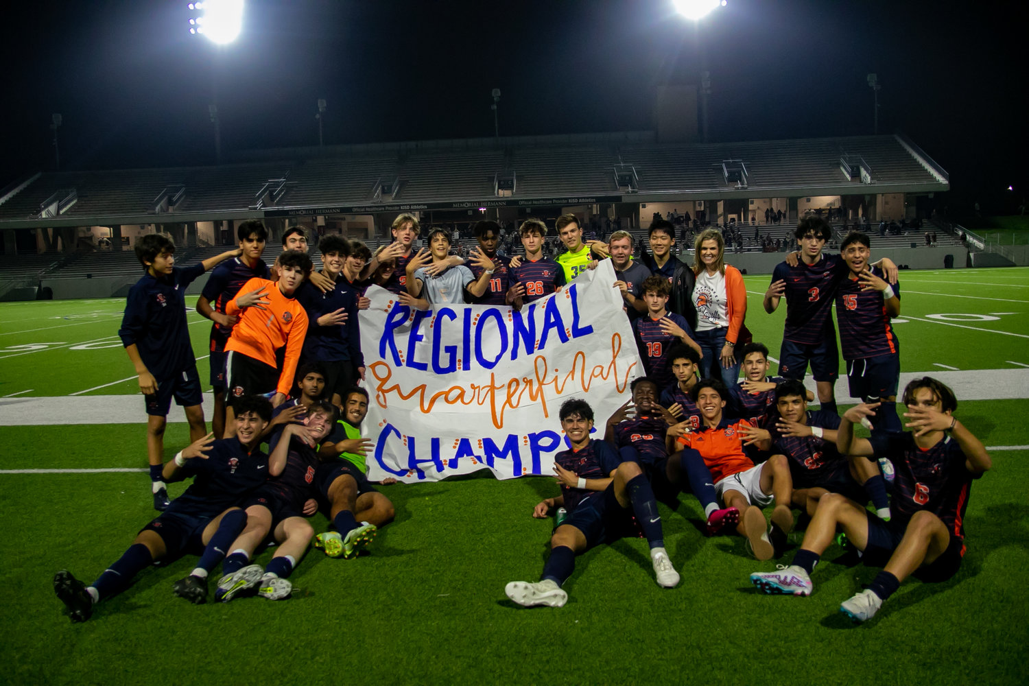 Seven Lakes celebrates after winning Friday's Class 6A Regional Quarterfinal game between Seven Lakes and Cinco Ranch at Legacy Stadium.
