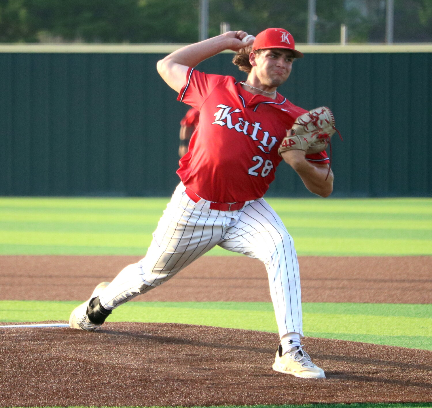 Cole Kaase pitches during Friday's area round game between Katy and Cy-Fair at Langham Creek.