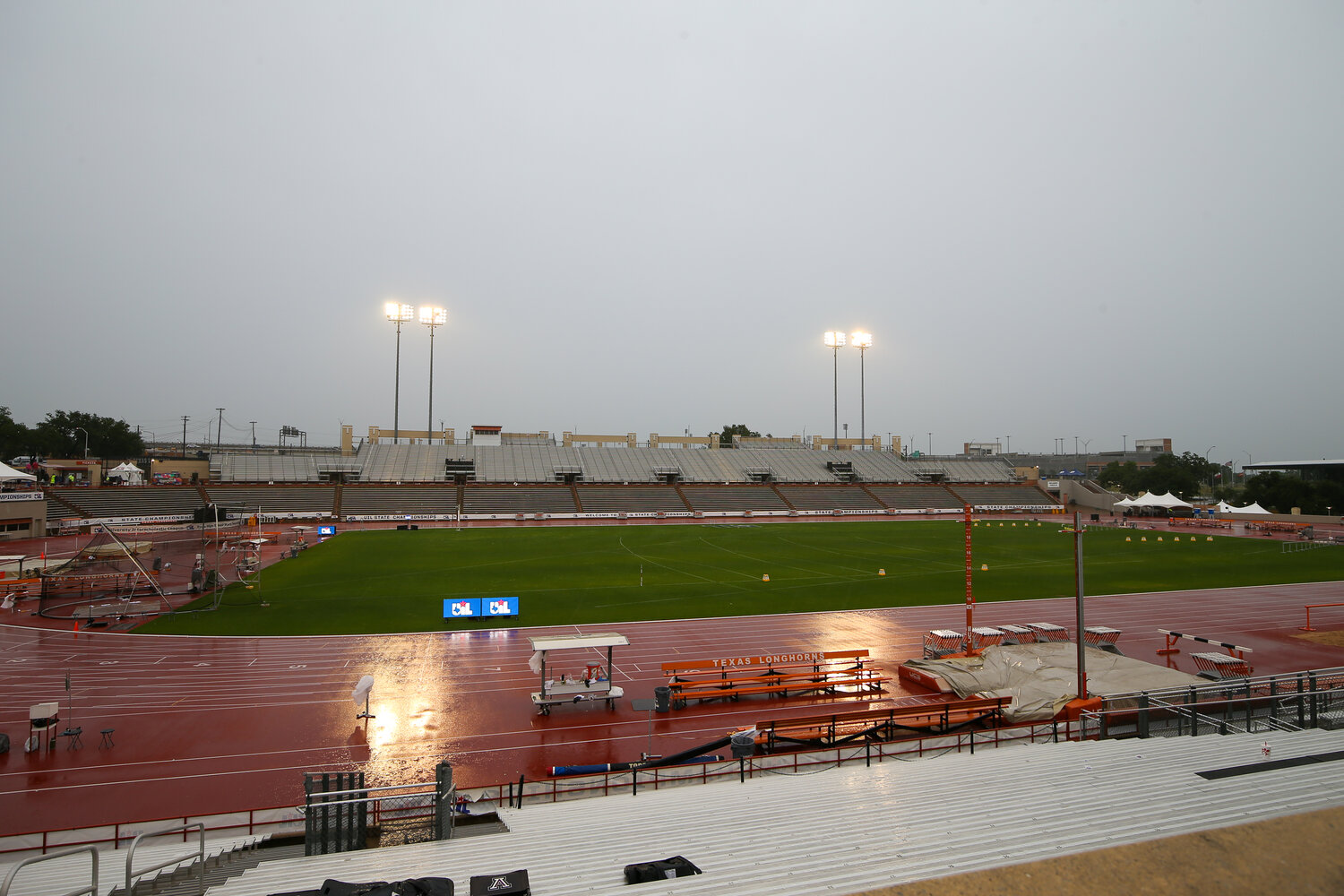 Inclement weather forced UIL officials to delay the start of Saturday’s 1A and 6A state track and field meet and then pause all events just 40 minutes after the 10 a.m. start due to lightning in the area, May 13, 2023 in Austin.