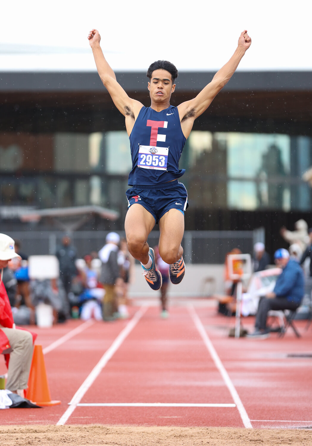 Jayden Keys of Tompkins High School (2953) competes in the Class 6A boys triple jump during the UIL State Track and Field Meet on Saturday, May 13, 2023 in Austin.