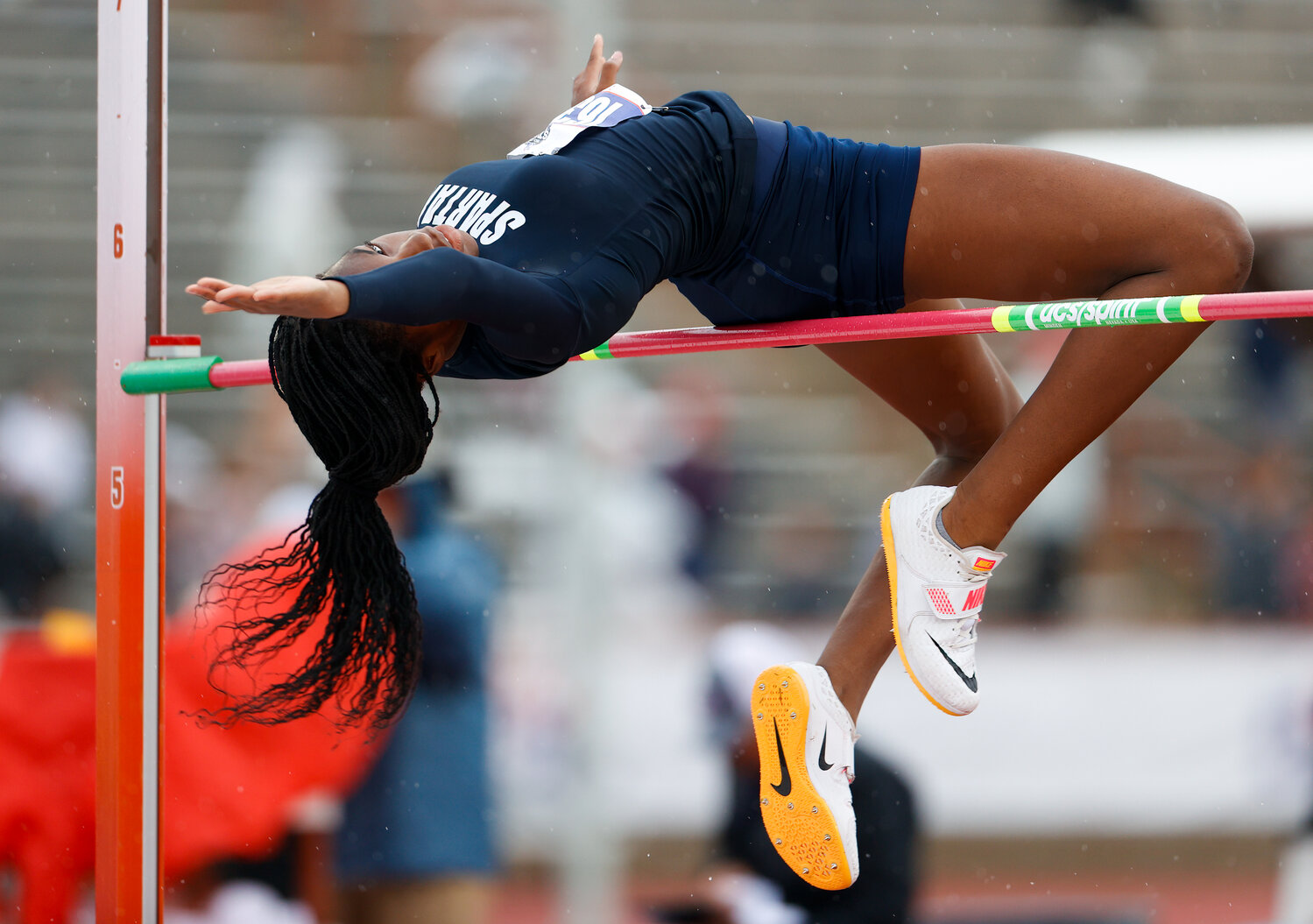 Chineye Uzoh of Seven Lakes High School (1632) competes in the Class 6A girls high jump during the UIL State Track and Field Meet on Saturday, May 13, 2023 in Austin.