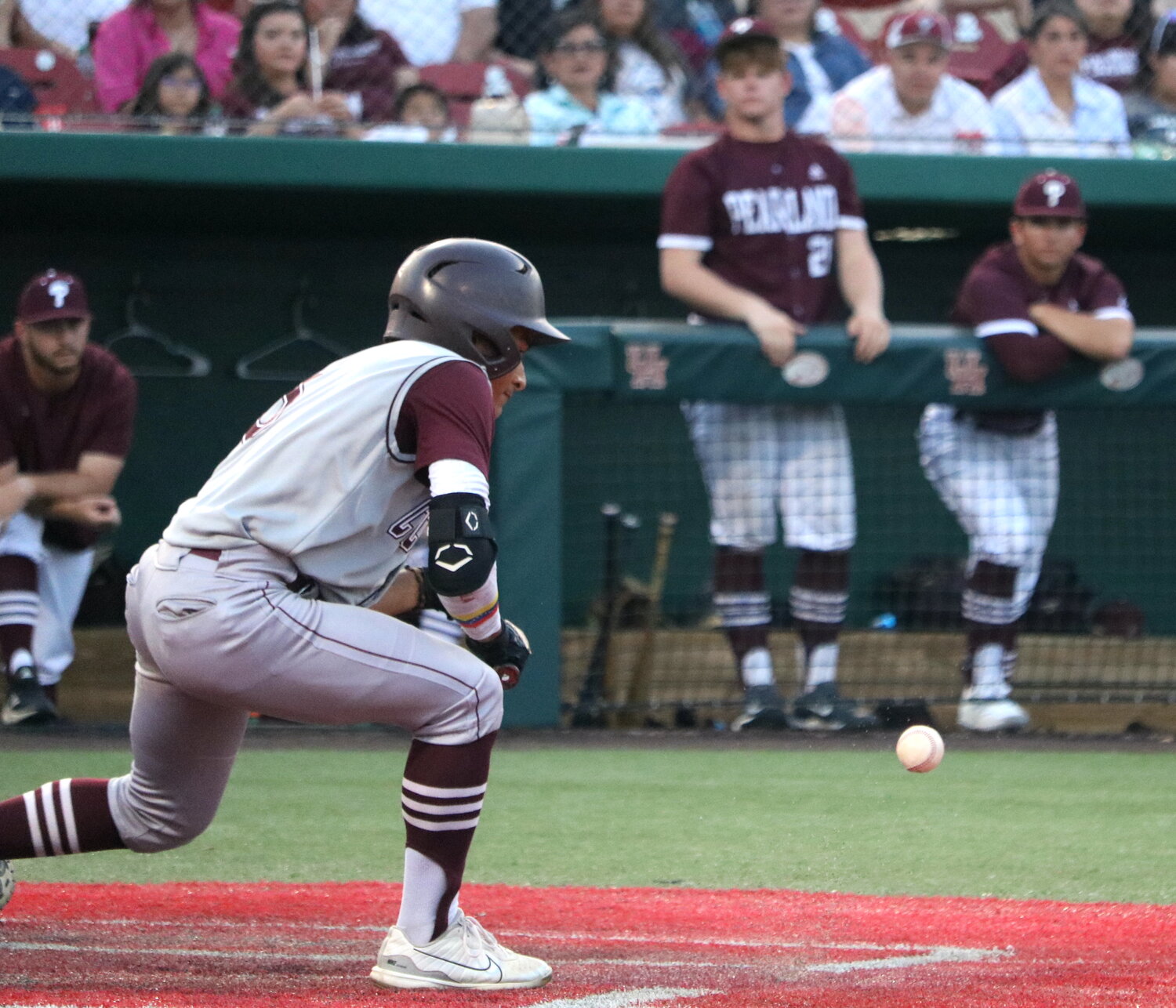 Paul Acosta bunts during Friday's regional semifinal between Cinco Ranch and Pearland at The University of Houston.