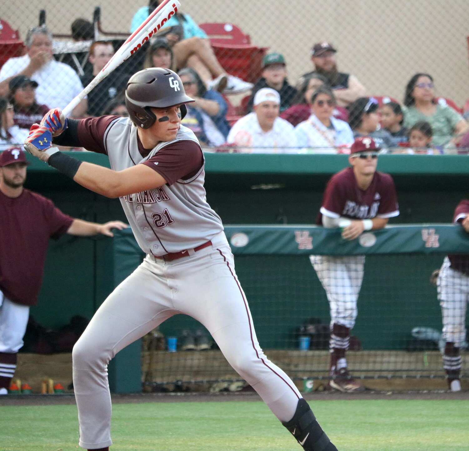 Charlie Atkinson hits during Friday's regional semifinal between Cinco Ranch and Pearland at The University of Houston.