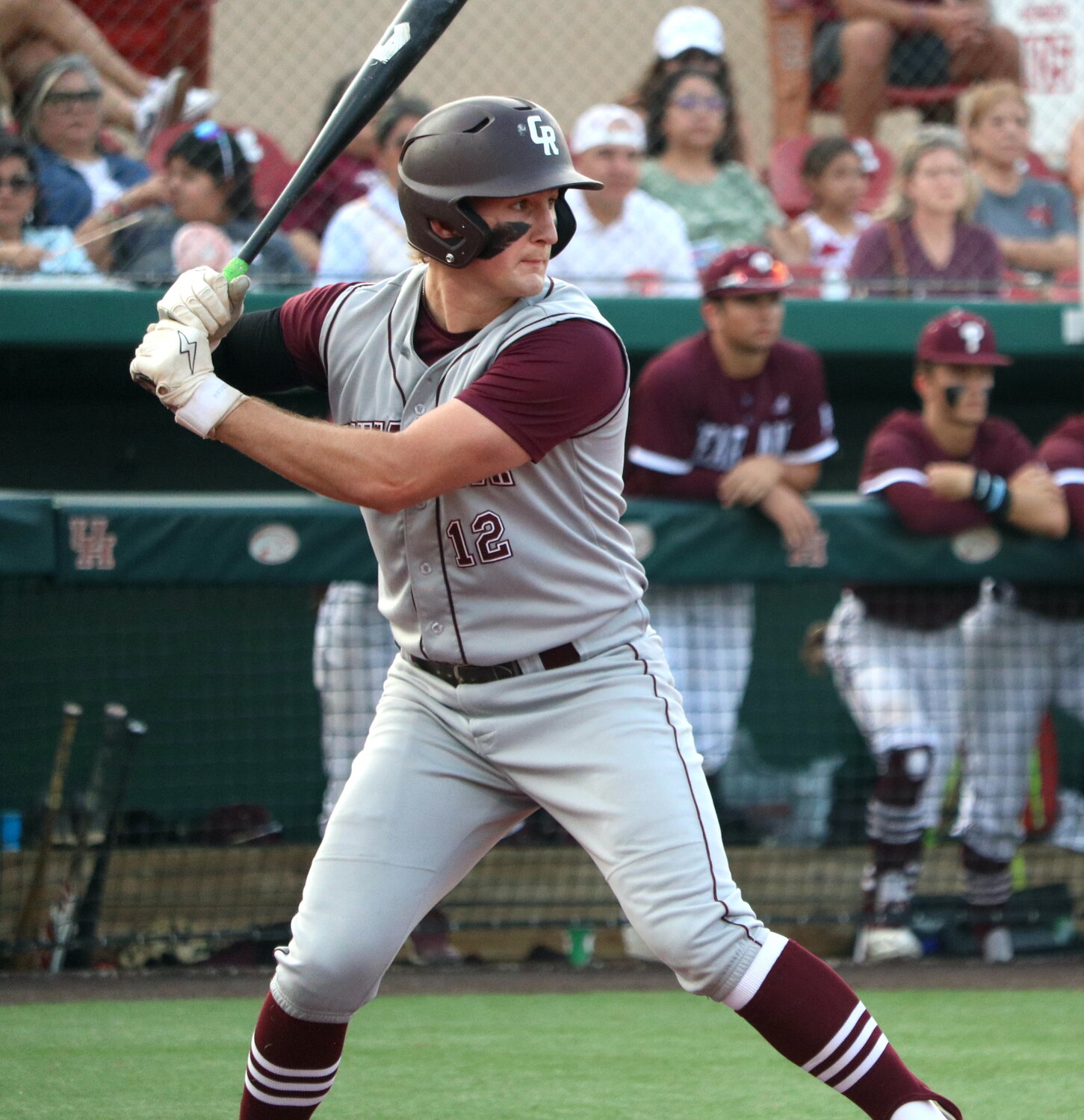 Gavin Rutherford hits during Friday's regional semifinal between Cinco Ranch and Pearland at The University of Houston.