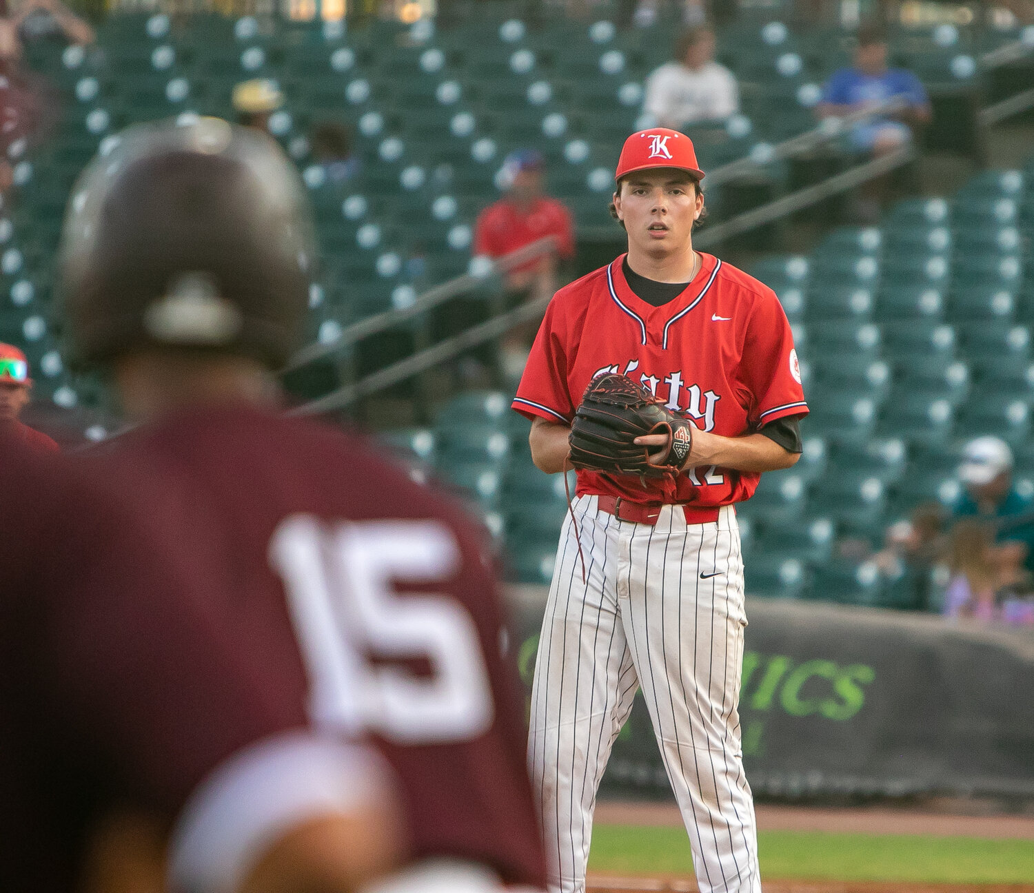 Lucas Moore looks towards third base during Friday's Regional Final between Katy and Pearland at Constellation Field in Sugar Land.