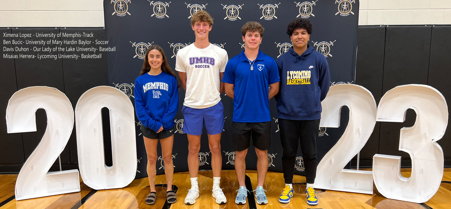Jordan's Ximena Lopez, Ben Bucic, Davis Duhon and Misaias Herrera pose for a photo after signing their National Letter's of Intent to play sports at the collegiate level.
