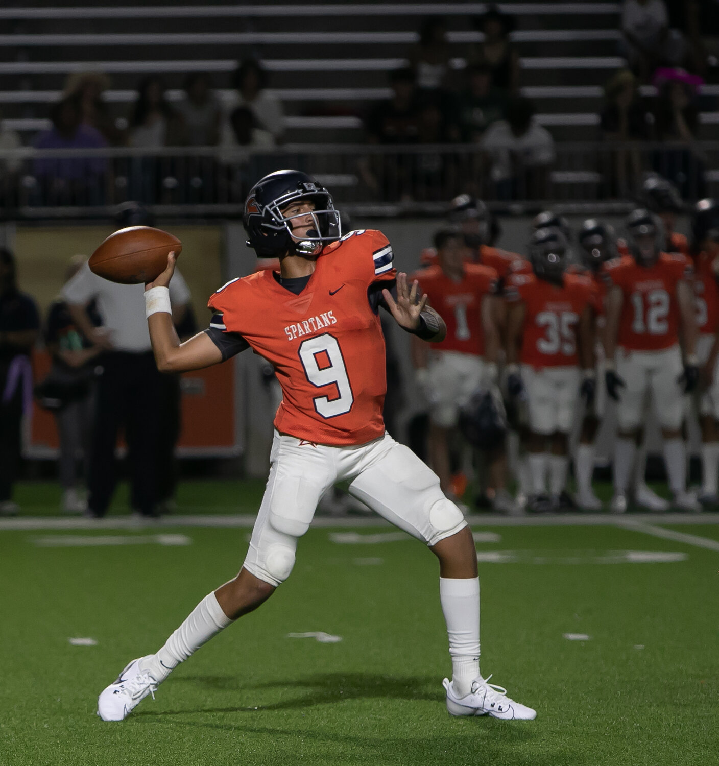 Shaan Patel throws a pass during Thursday's game between Seven Lakes and Memorial at Legacy Stadium.