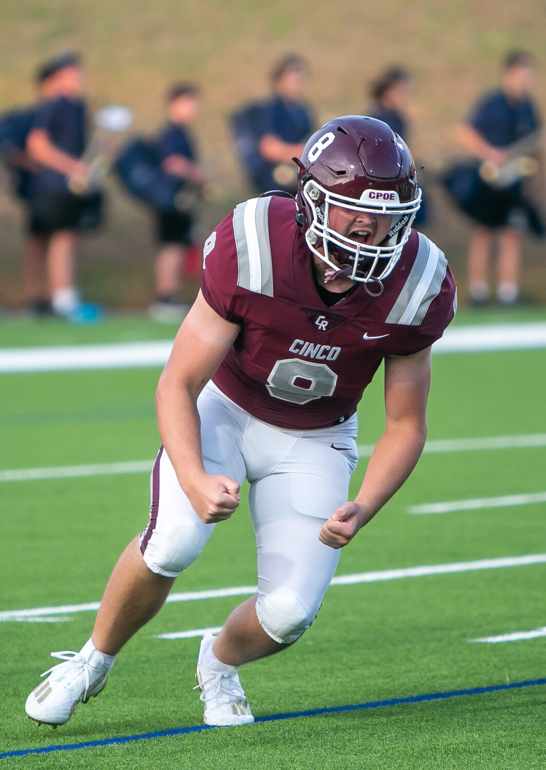 Luke Mathiasmeier celebrates after a play during Friday's game between Cinco Ranch and College Park at Rhodes Stadium.