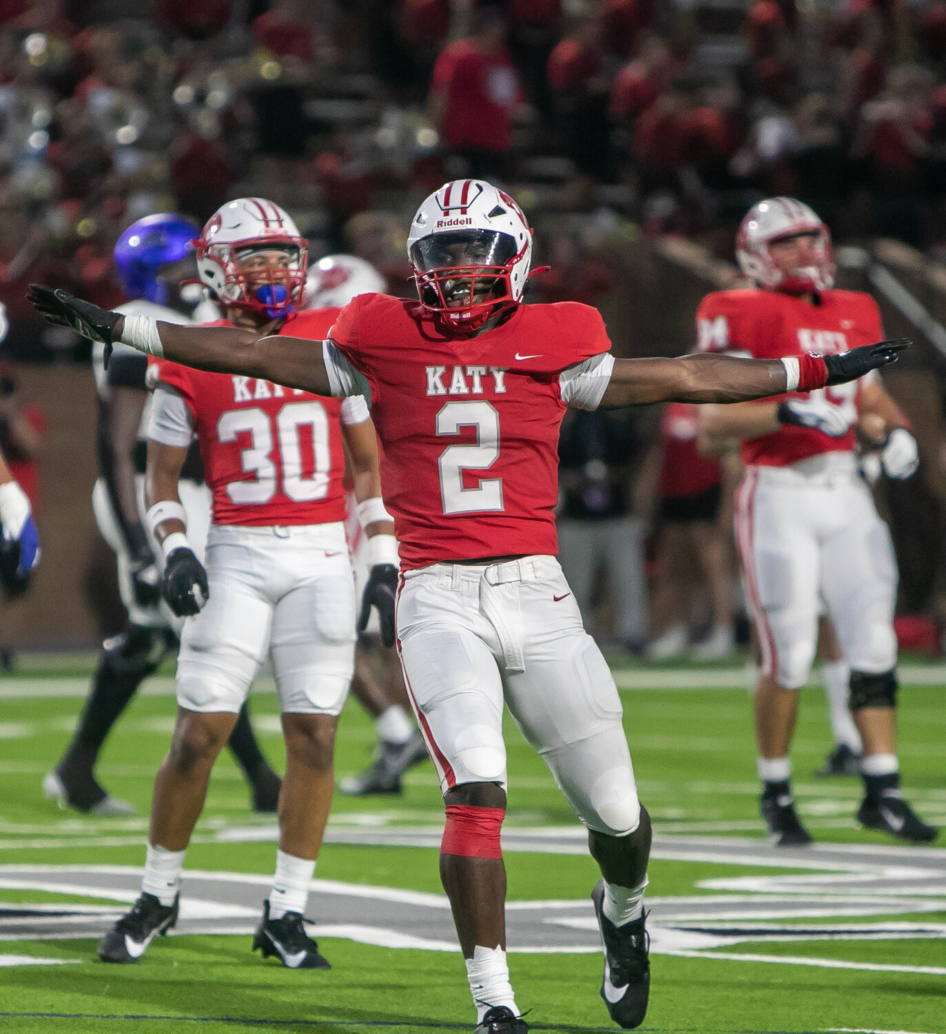 Dak Brinkley celebrates after a pass breakup during Saturday's game between Katy and Clear Springs at Rhodes Stadium.