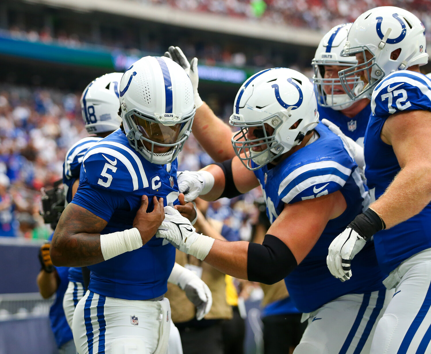 Colts quarterback Anthony Richardson (5) celebrates after a 15-yard touchdown run during an NFL game between the Texans and the Colts on September 17, 2023 in Houston. The Colts won, 31-20.