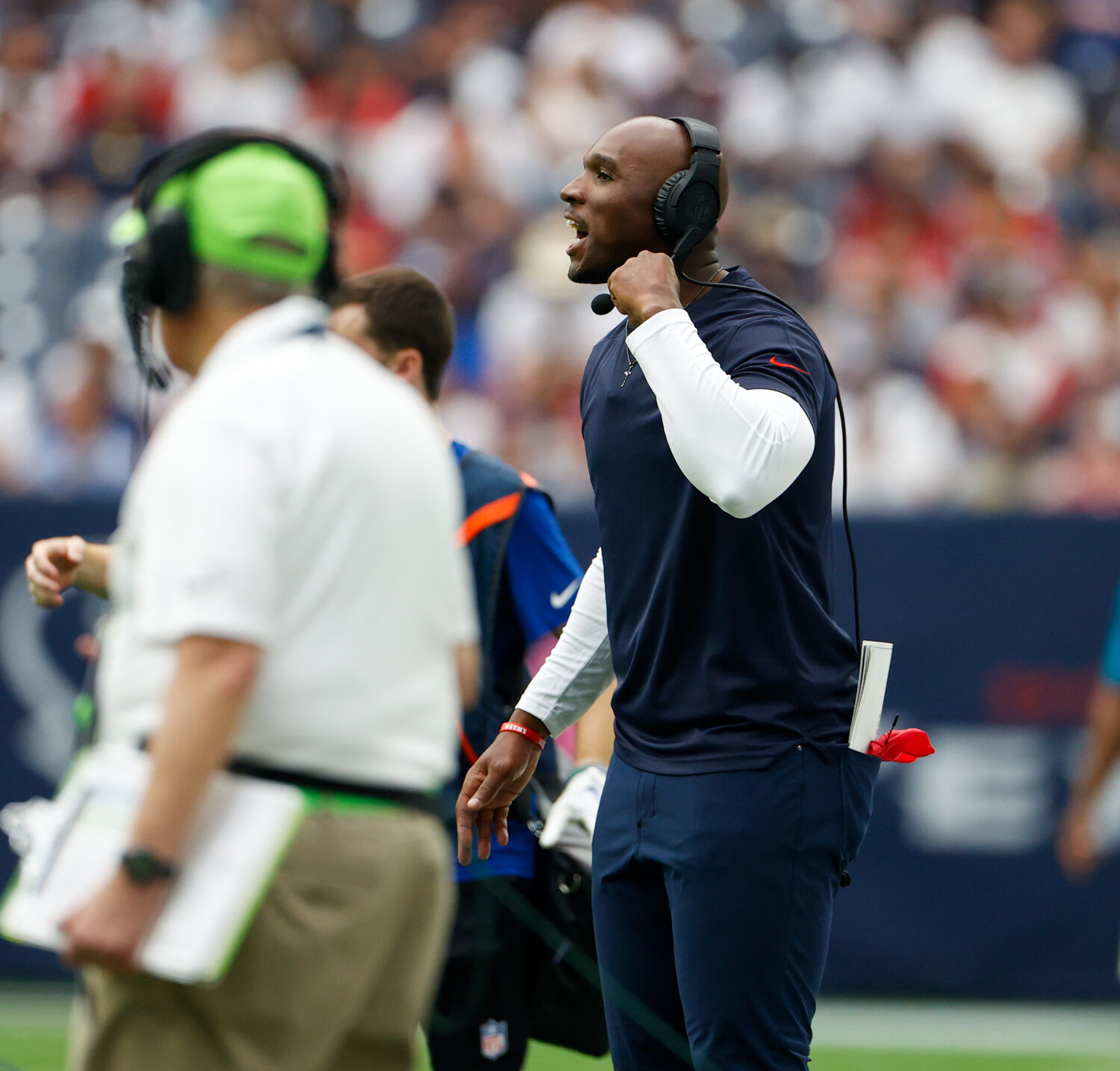 Houston Texans head coach DeMeco Ryans during an NFL game between the Texans and the Colts on September 17, 2023 in Houston. The Colts won, 31-20.