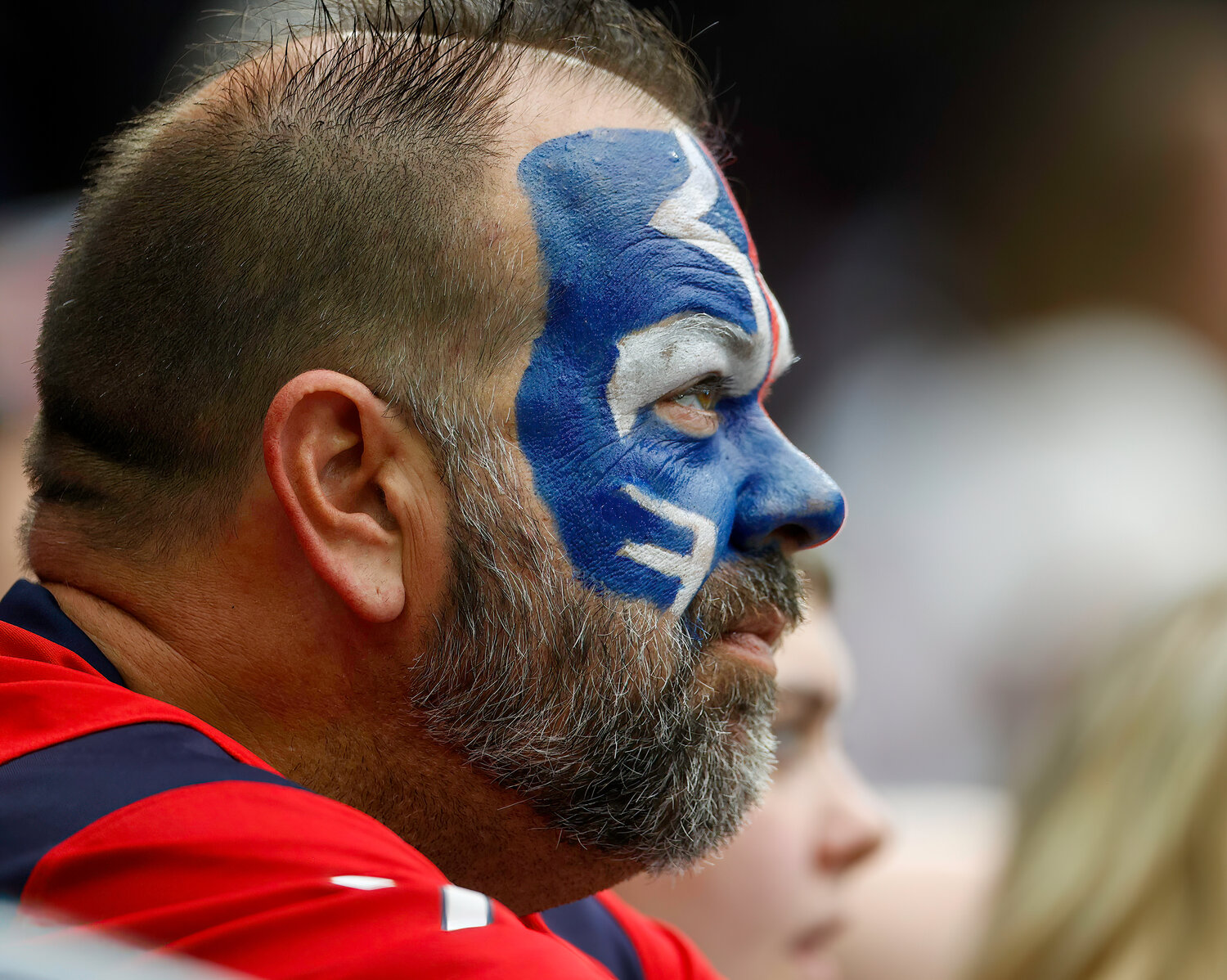 A Houston Texans fan looks on during an NFL game between the Texans and the Colts on September 17, 2023 in Houston. The Colts won, 31-20.