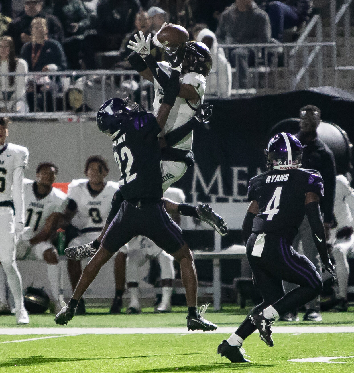 Zechariah Sample jumps to try and make a catch during Thursday's game between Jordan and Morton Ranch at Legacy Stadium.