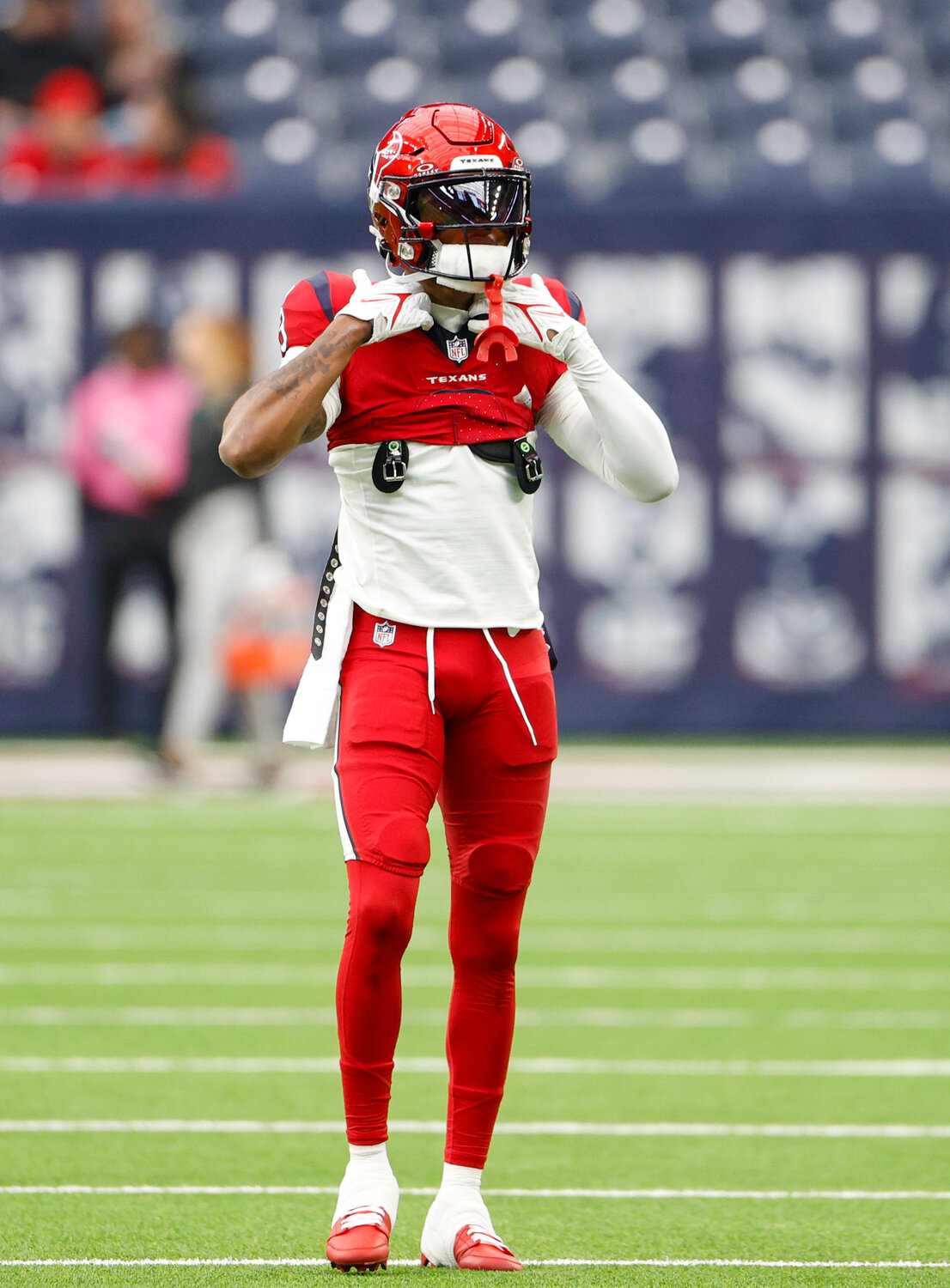 Texans wide receiver Tank Dell (3) warms up before an NFL game between the Texans and the Jaguars on November 26, 2023, in Houston.