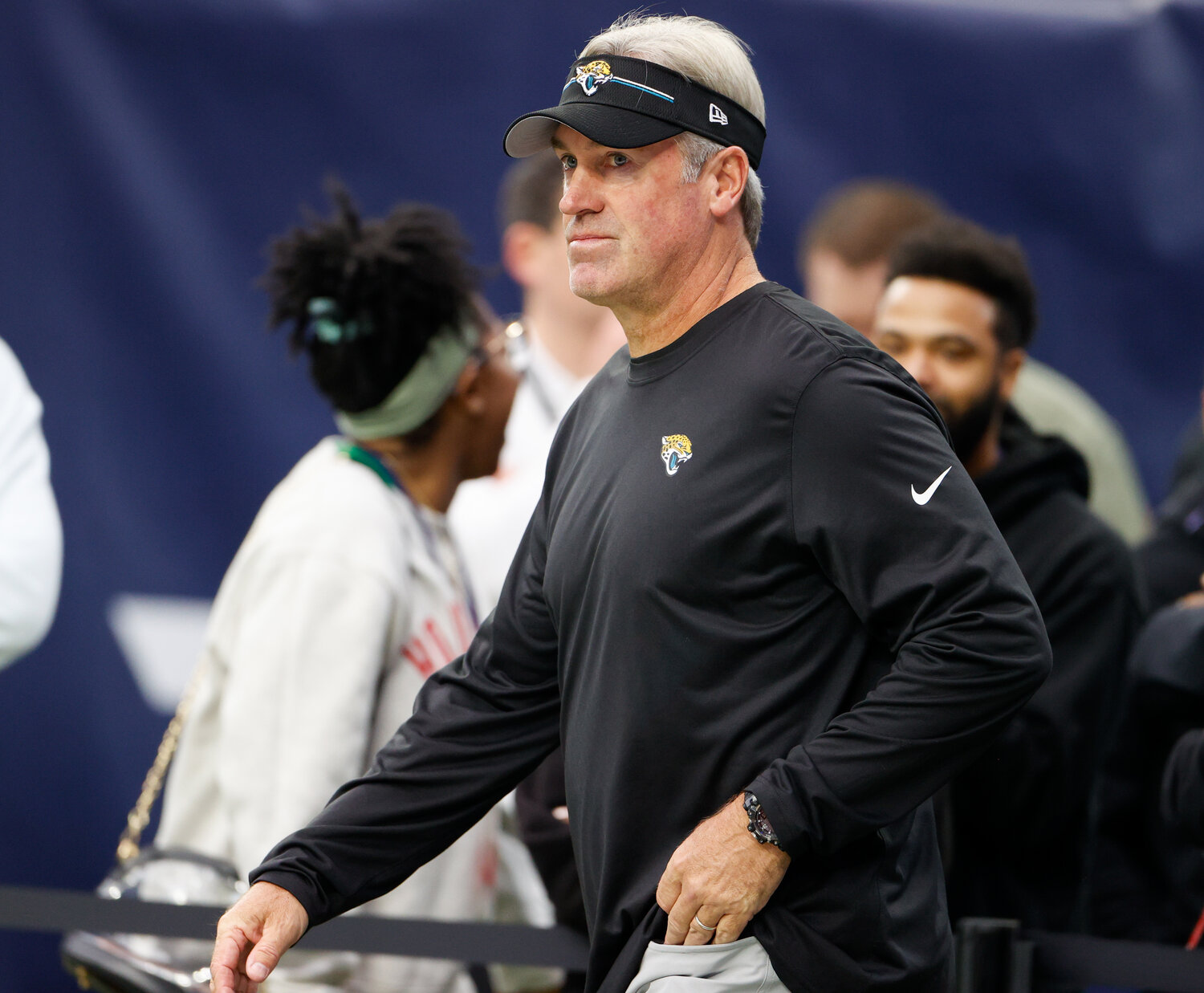 Jacksonville Jaguars head coach Doug Pederson on the field before an NFL game between the Texans and the Jaguars on November 26, 2023, in Houston.