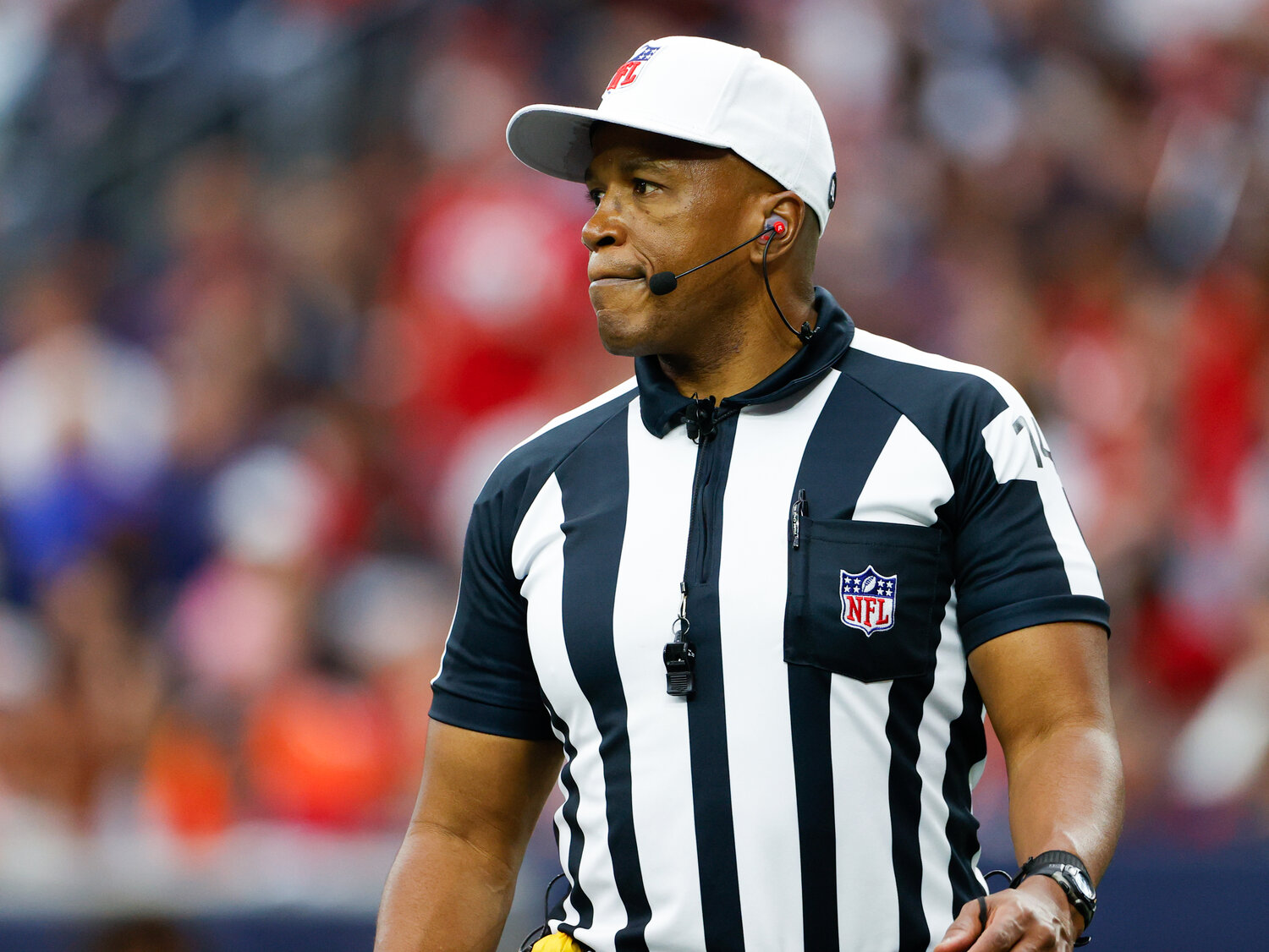 Referee Shawn Smith (14) during an NFL game between the Texans and the Broncos on December 3, 2023 in Houston. The Texans won, 22-17.
