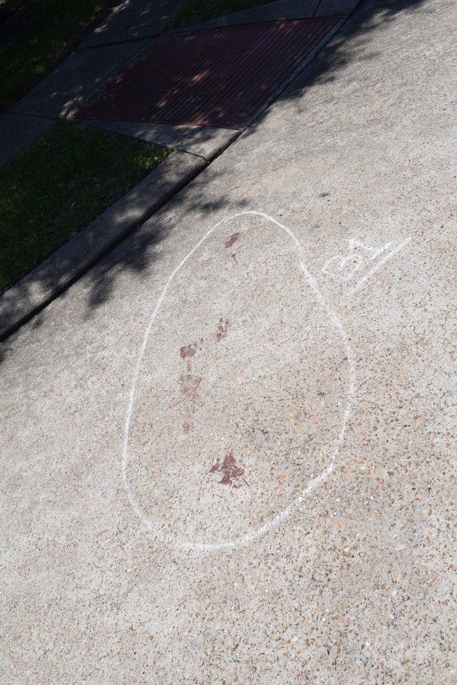 Chalk outlines around blood spatters show the efforts of investigators.
