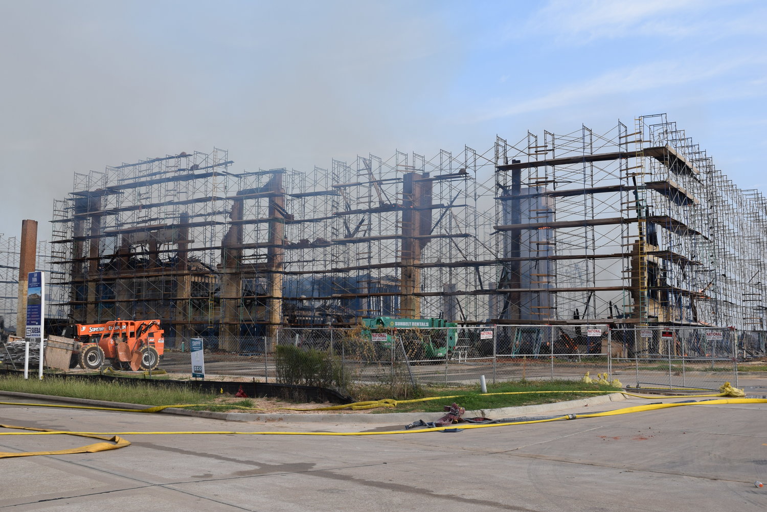 The scaffolding around the site created an obstacle for firefighters concerned about fighting the blaze safely.