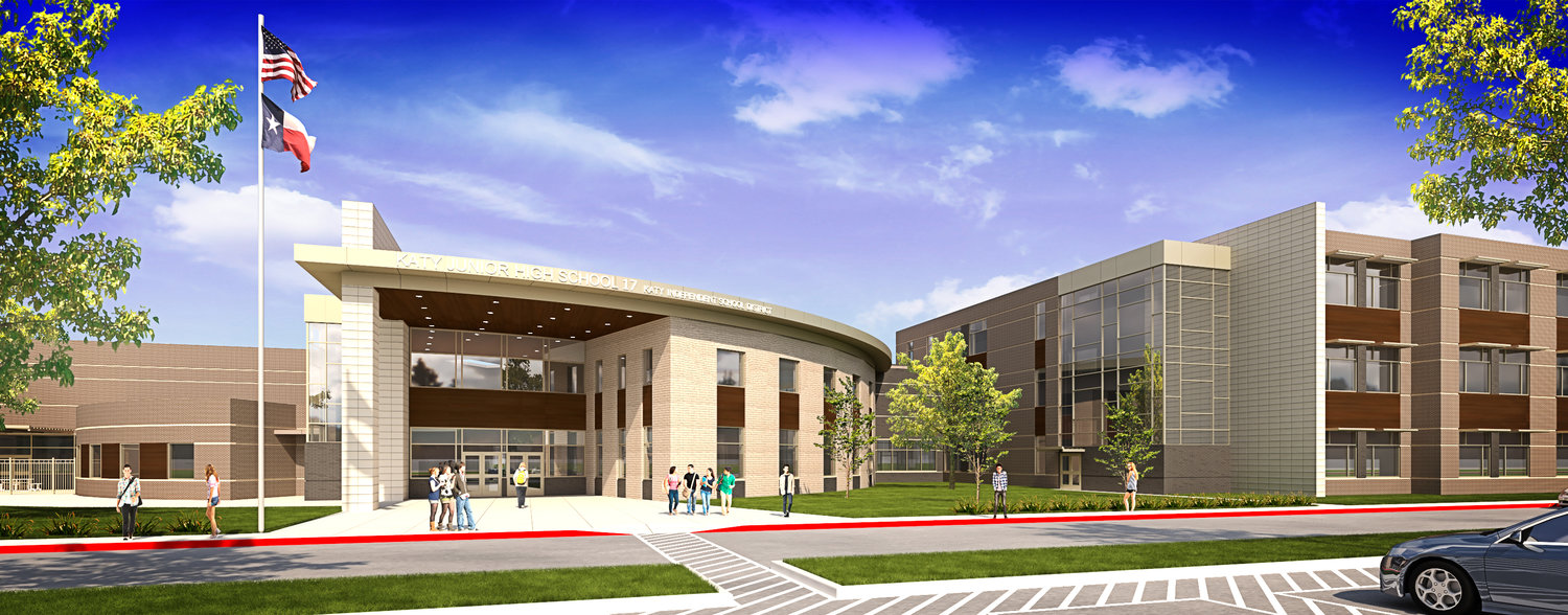 Once completed, Haskett Junior High is expected to look as shown in this rendering. The new facility is located at 25737 Clay Road near the intersection of Clay and Katy Hockley roads. The new facility is estimated to have a total cost of about $65.6 million.