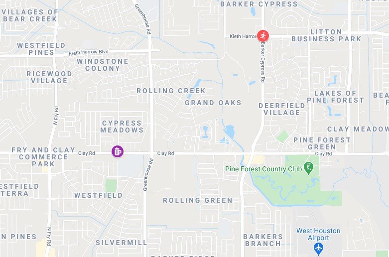 Houlihan's vehicle and cell phone were found at Mugshots Tavern (purple icon) on Clay Road. Houlihan was struck by a motor vehicle near the intersection of Keith harrow Boulevard and Barker Cypress Road (light red icon).