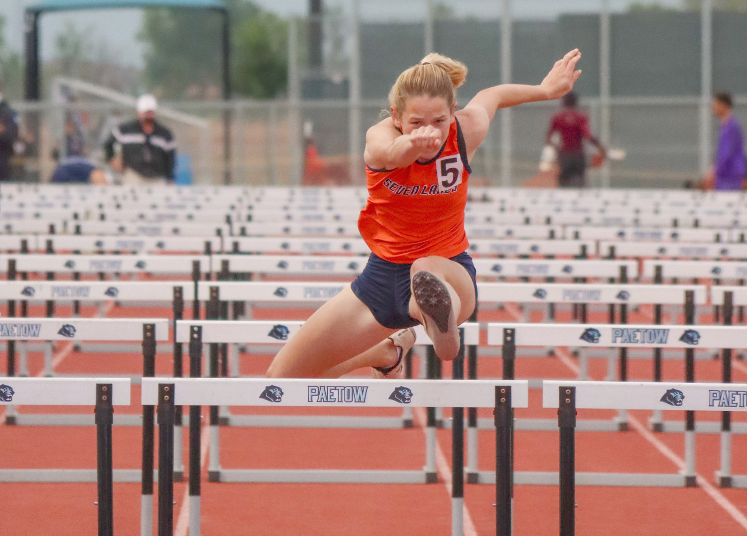 Seven Lakes senior Paige Boucher won gold in the 100-meter hurdles, silver in the 300-meter hurdles, and bronze in the long jump and triple jump at the 19-20-6A area meet on Thursday, April 15, at Paetow High.