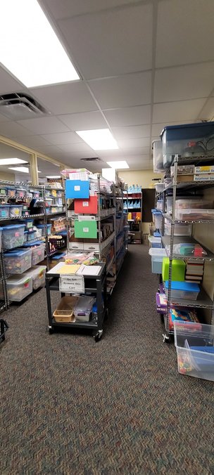 Storage space at Winborn is at a premium with multiple areas set up with shelving due to the building's outdated layout and increased student body.