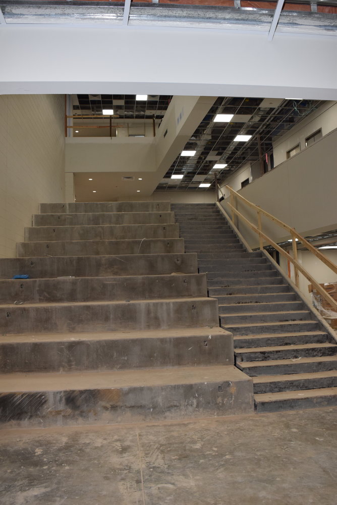 This learning stairwell is one of multiple communal learning and study spaces for teachers and students to utilize. When finishing touches are put into place, the stairs will be carpeted and set up as a comfortable place for students to socialize, study or observe educational presentations.