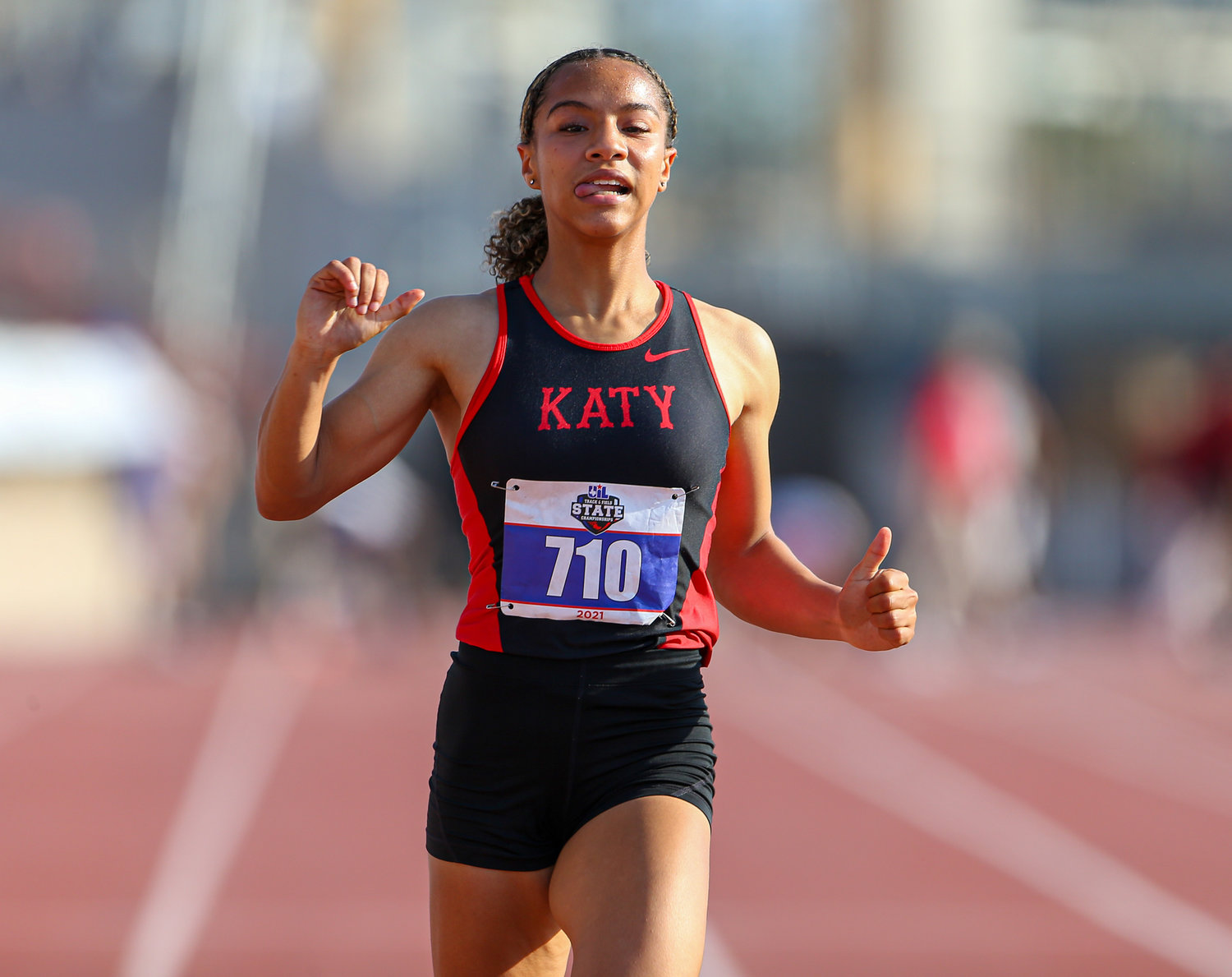 Jada Campos of Katy High School runs in the Class 6A girls 100-meter dash at the UIL State Track and Field Meet on May 8, 2021 at Mike A. Myers Stadium in Austin, Texas.