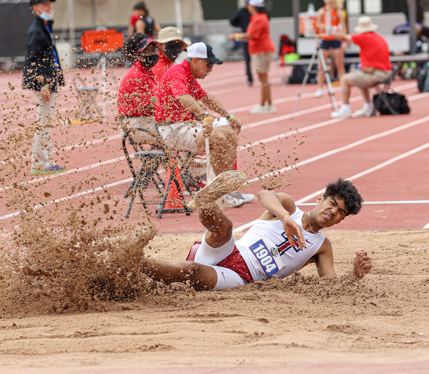 Jayden Keys of Tompkins High School competes in the Class 6A boys long jump event at the UIL State Track and Field Meet on May 8, 2021 at Mike A. Myers Stadium in Austin, Texas. Keys finished third in the event with a jump of 23-11.25.