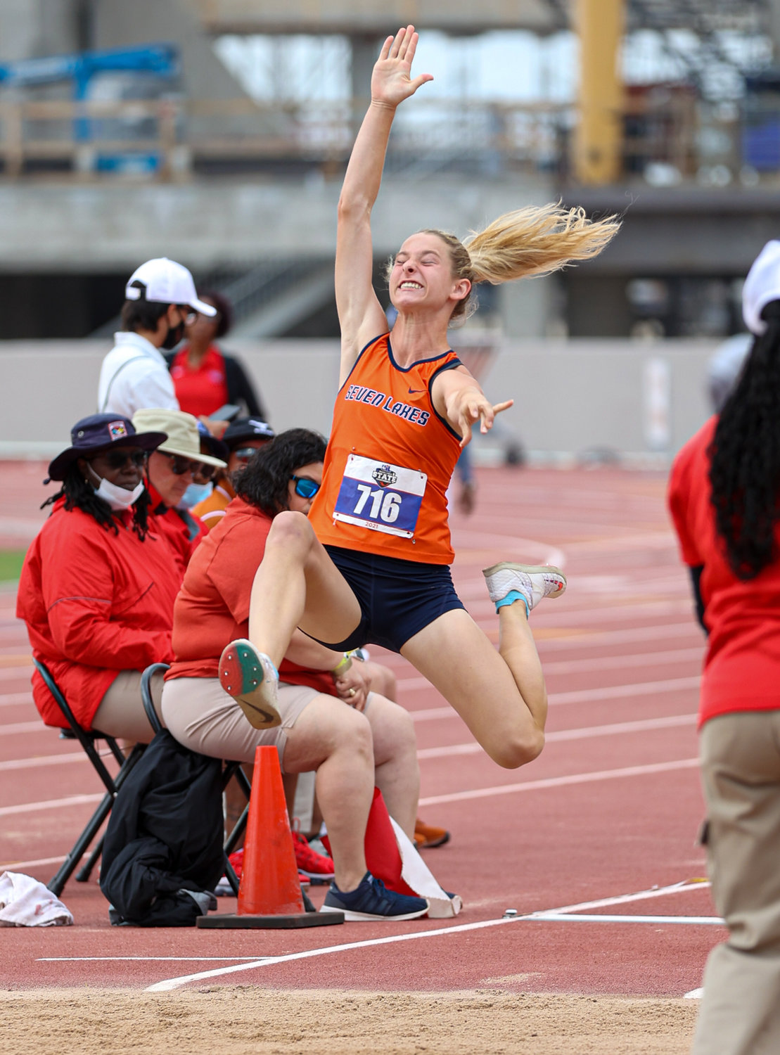 Paige Boucher competes in the Class 6A girls long jump event at the UIL State Track and Field Meet on May 8, 2021 at Mike A. Myers Stadium in Austin, Texas. Boucher finished sixth with a jump of 18-6.00.