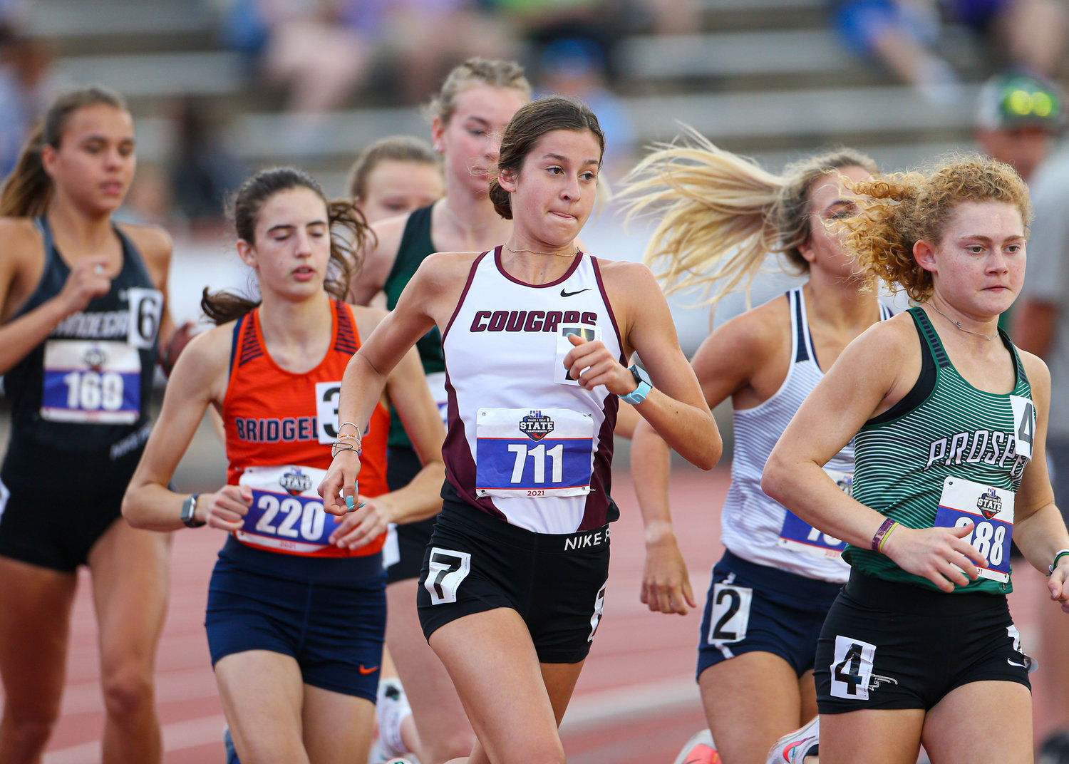 Sophie Atkinson of Cinco Ranch High School runs in the Class 6A girls 3200 meter run at the UIL State Track and Field Meet on May 8, 2021 at Mike A. Myers Stadium in Austin, Texas. Atkinson earned a silver medal in the event.