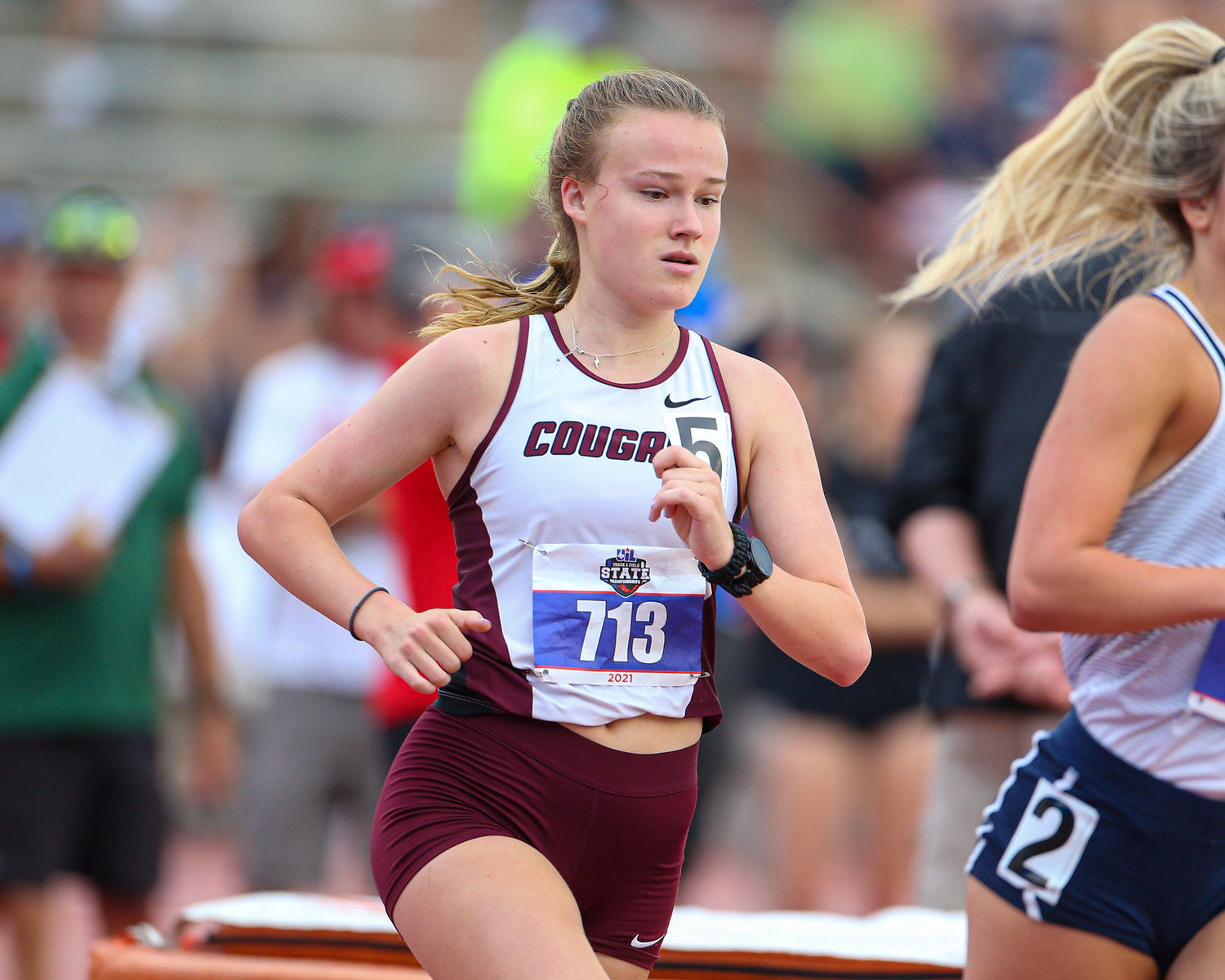 Heidi Nielson of Cinco Ranch High School runs in the Class 6A girls 3200 meter run at the UIL State Track and Field Meet on May 8, 2021 at Mike A. Myers Stadium in Austin, Texas. Nielson earned a bronze medal in the event.