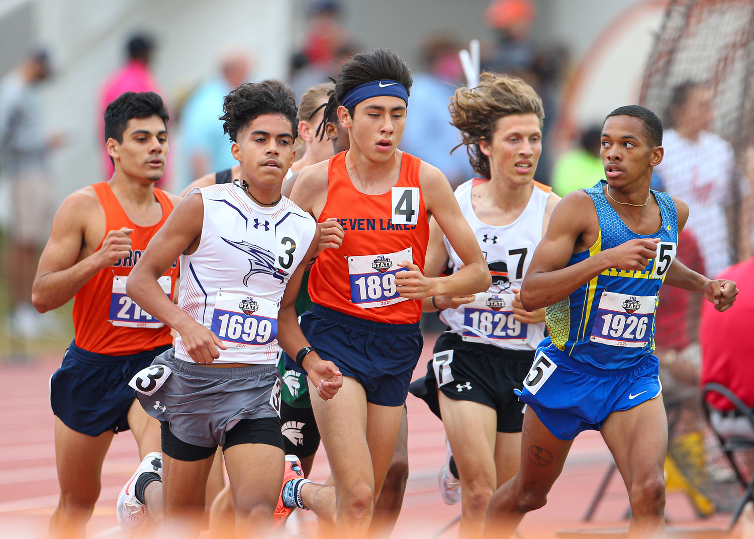 Ruben Rojas of Seven Lakes High School runs in the Class 6A boys 3200 meter run during the UIL State Track and Field Meet on May 8, 2021 at Mike A. Myers Stadium in Austin, Texas. Rojas finished seventh in the event.